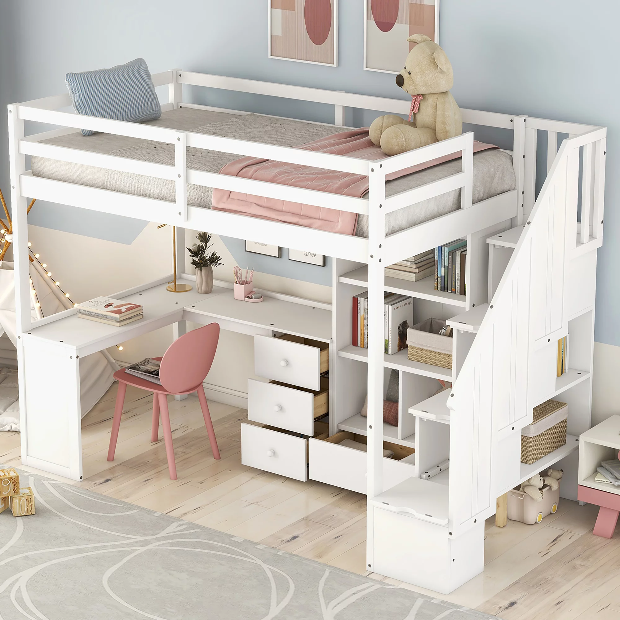 Bellemave Loft Bed with Desk and Stairs, Wood Twin Size Loft Beds Frame with 4 Sotage Drawers and 4 Shelves, High Loft Beds for Kids Teens (White)
