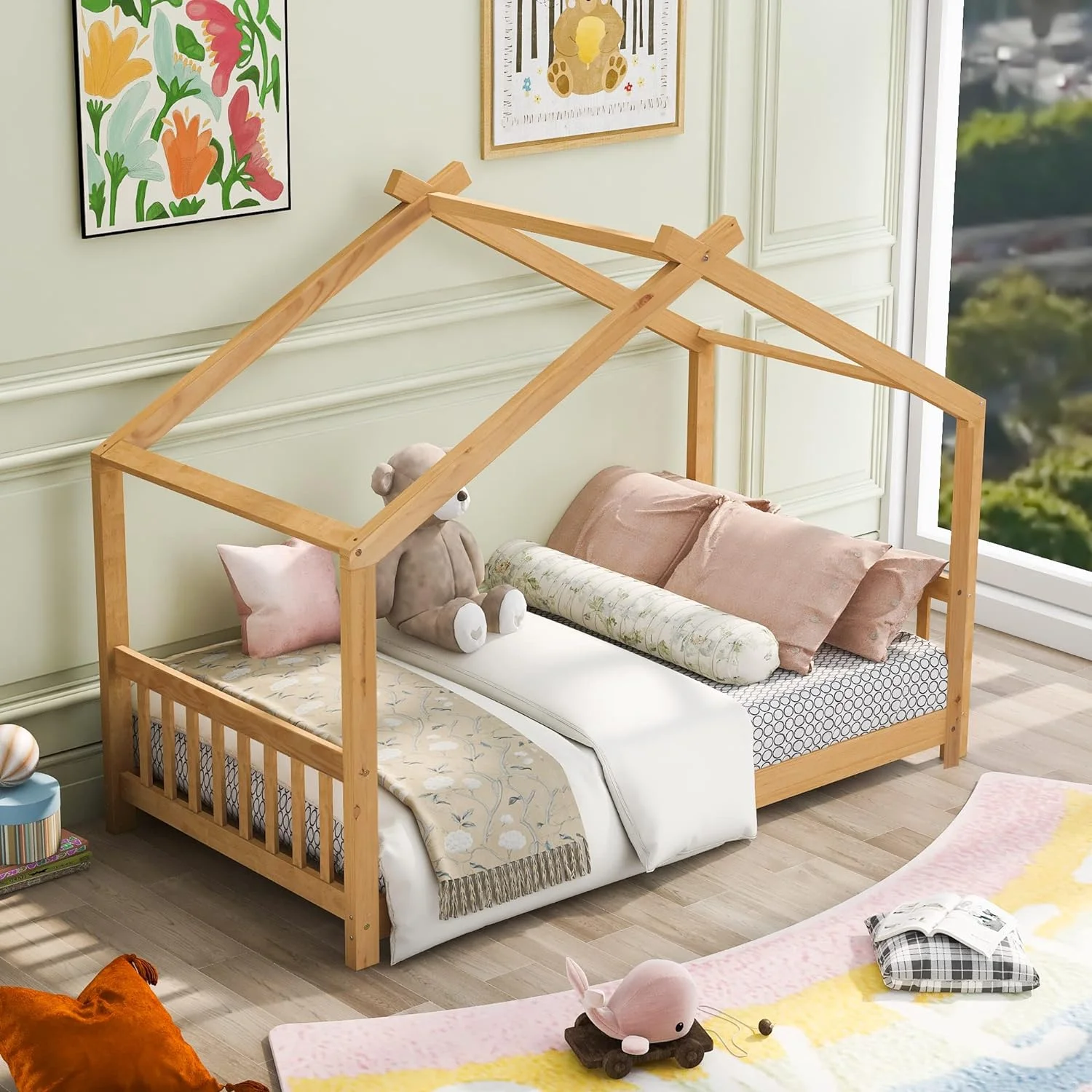 Size House Bed, Platform Bed With Headboard And Footboard, Roof Design, Bedroom Furniture, Natural
