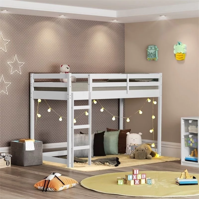 Pemberly Row Modern Solid Wood Twin Low Loft Bed in White Finish