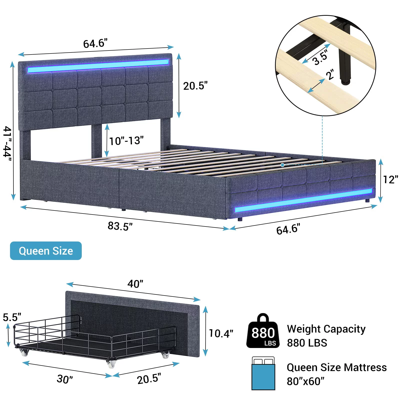 Tiptiper LED Bed Frame Queen Size with 2 USB Ports, Queen Bed Frame with LED Headboard & Footboard,Platform Bed Frame Queen Size with Storage Drawers, No Box Spring Needed, Easy Assembly