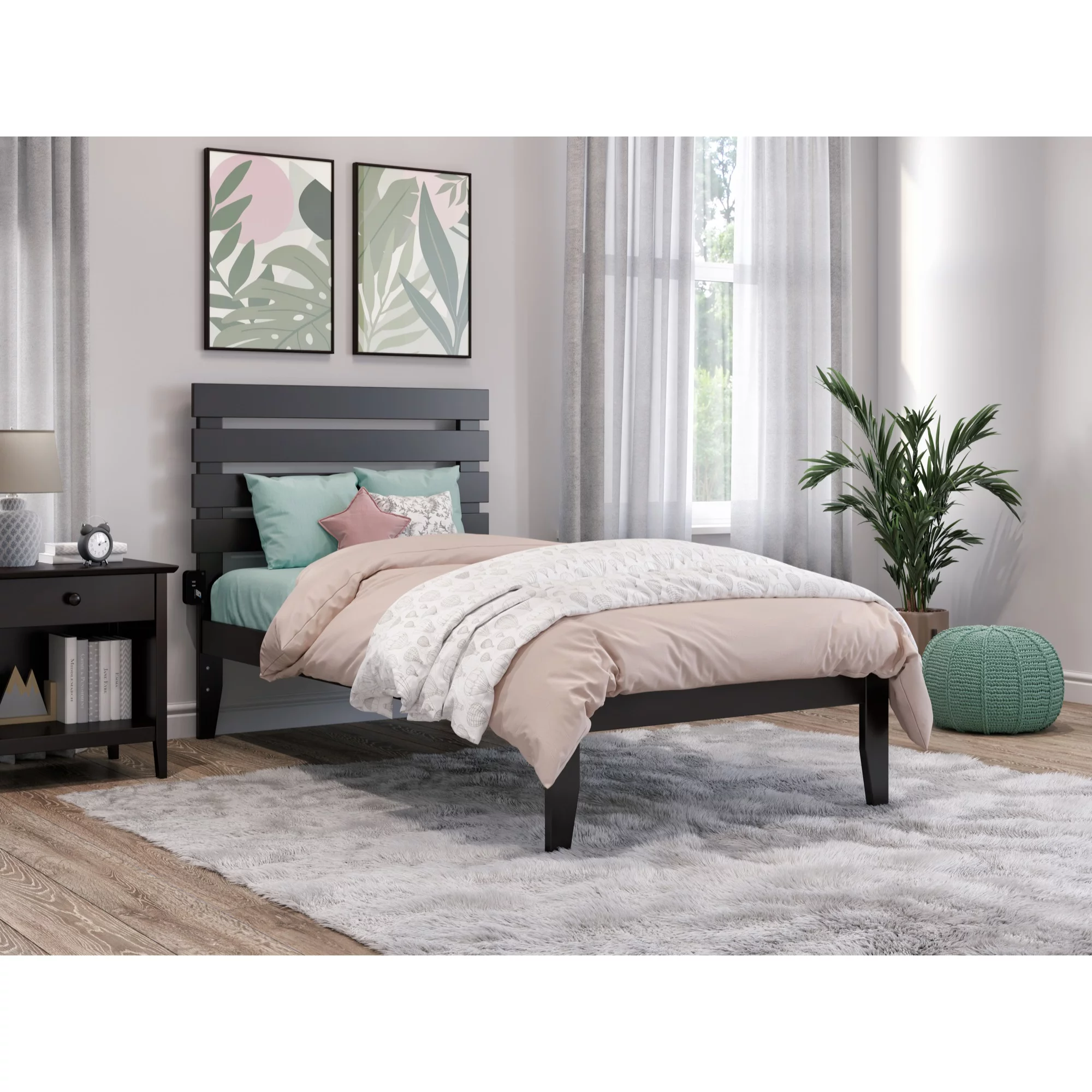 AFI Oxford Modern Solid Wood Twin Bed with USB Charger in Espresso
