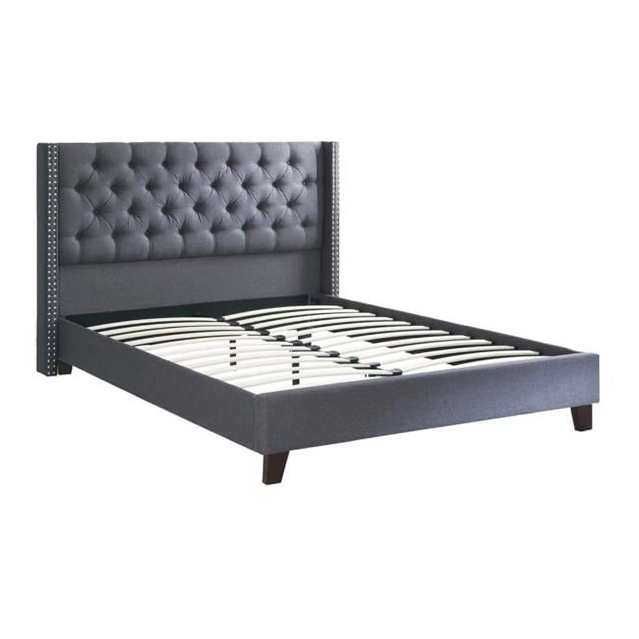 Benzara Polyfiber Upholstered Full Size Bed Featuring Nail head Trim Blue Gray