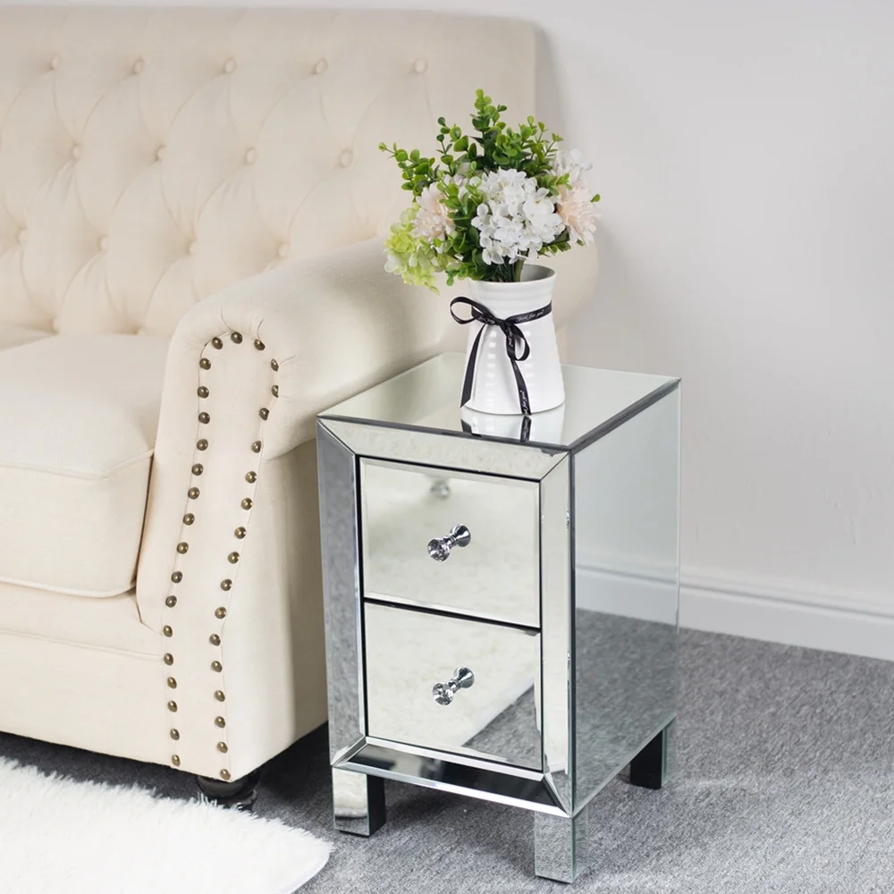 FCH Mirrored Glass Bedside Table, Nightstand With Two Drawers, End Table, Silver