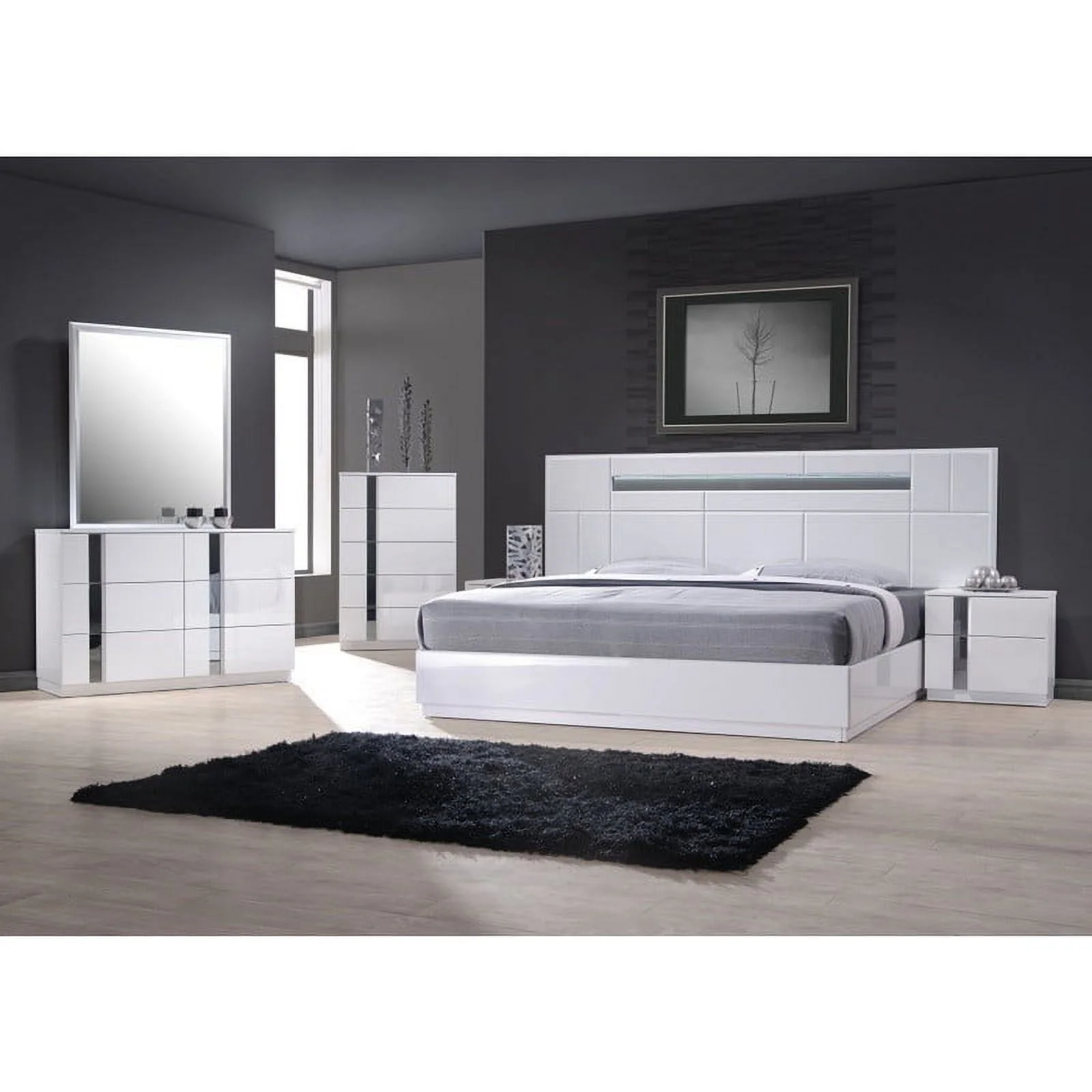 Palermo Modern Bedroom Set, White Lacquer, 5-Piece Set, Queen Size