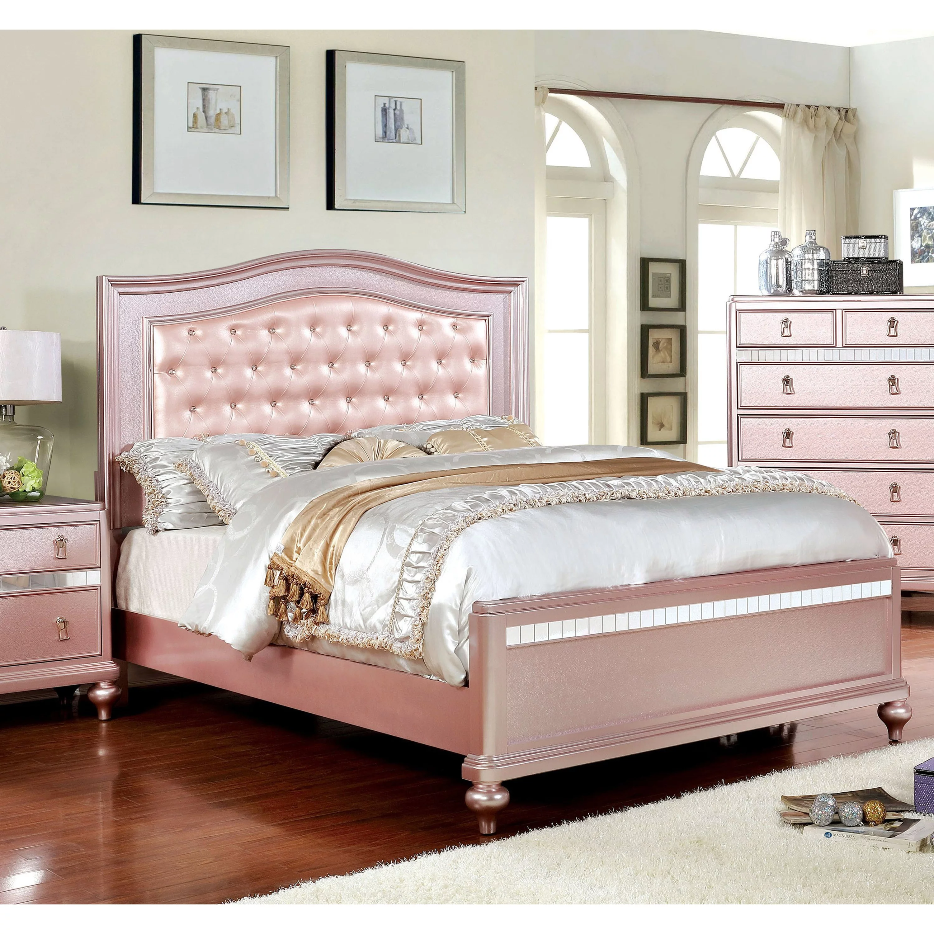 Silver Orchid Gibson Transitional Rose Gold Wood Button Tufted Panel Bed with Padded Faux Leather Headboard by  Full