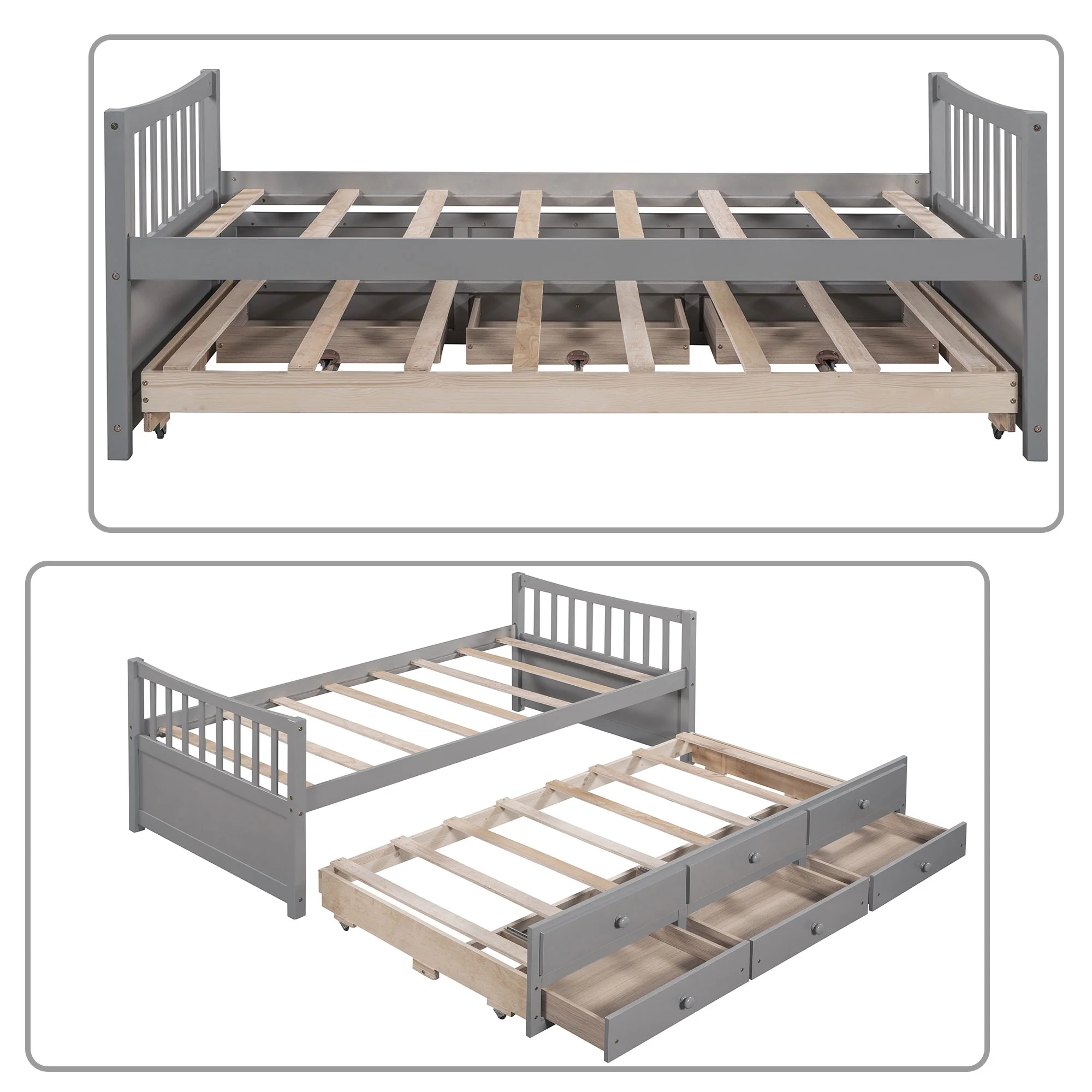 Minimalist and Multifunctional Twin Size Daybed with 3 Drawers and A Trundle, Gray