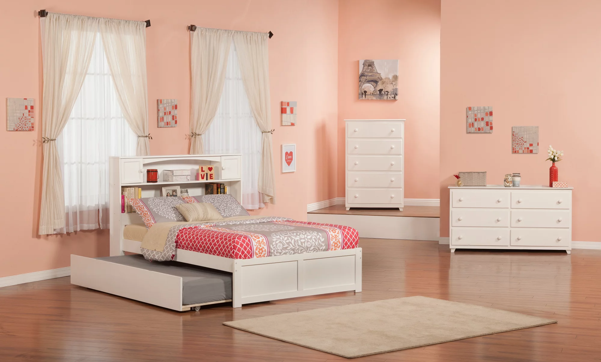 AFI Newport Full Solid Wood Platform Bed with Footboard & Full Trundle in White