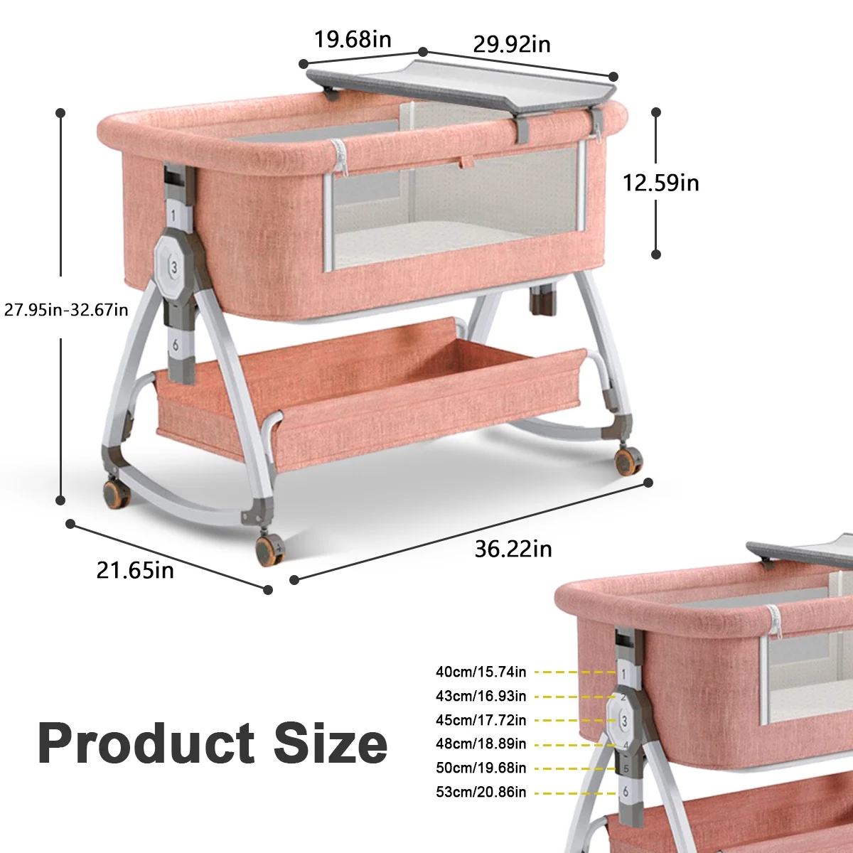 Folding Baby Bassinet Bedside Bassinet Travel Crib with Wheels, Pink