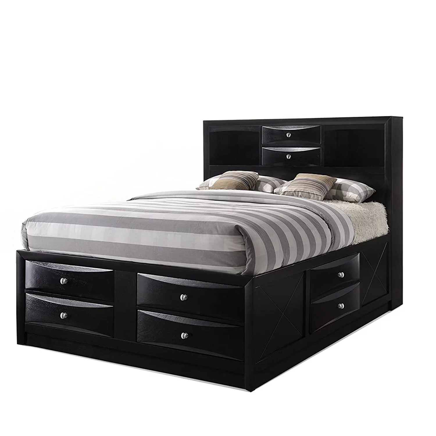 Eight Drawer Full Size Storage Bed with Bookcase Headboard, Black