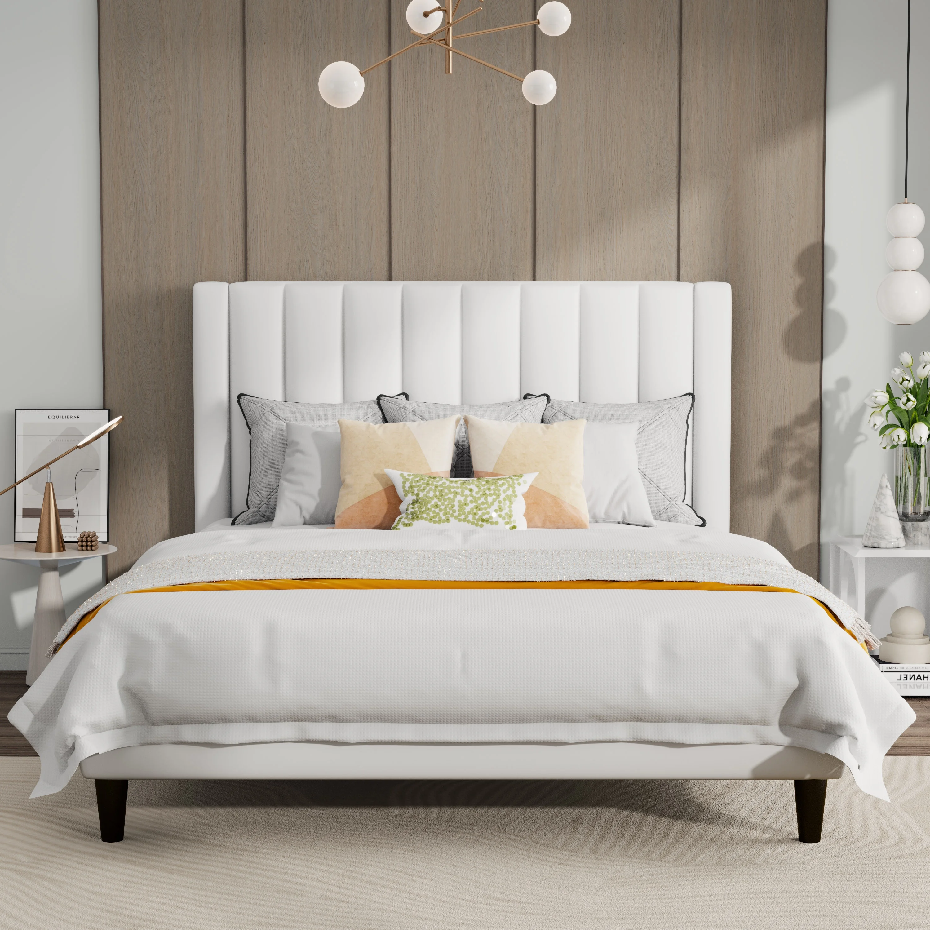 SHA CERLIN White Full Size Platform Bed Frame with Velvet Channel Headboard, Adult
