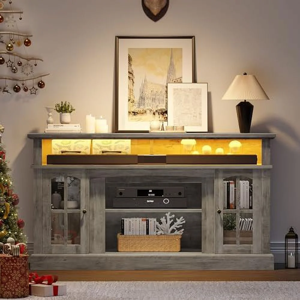 KBANZIBIU Farmhouse TV Stand for TV up to 65 Inch  Highboy Traditional Media Entertainment Center Console Table w/Adjustable  Shelves Glass Door for 400lbs for Living Room  Dark Rustic Oa