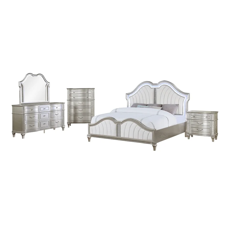Evangeline 5-piece Upholstered Platform Eastern King Bedroom Set Ivory and Silver Oak