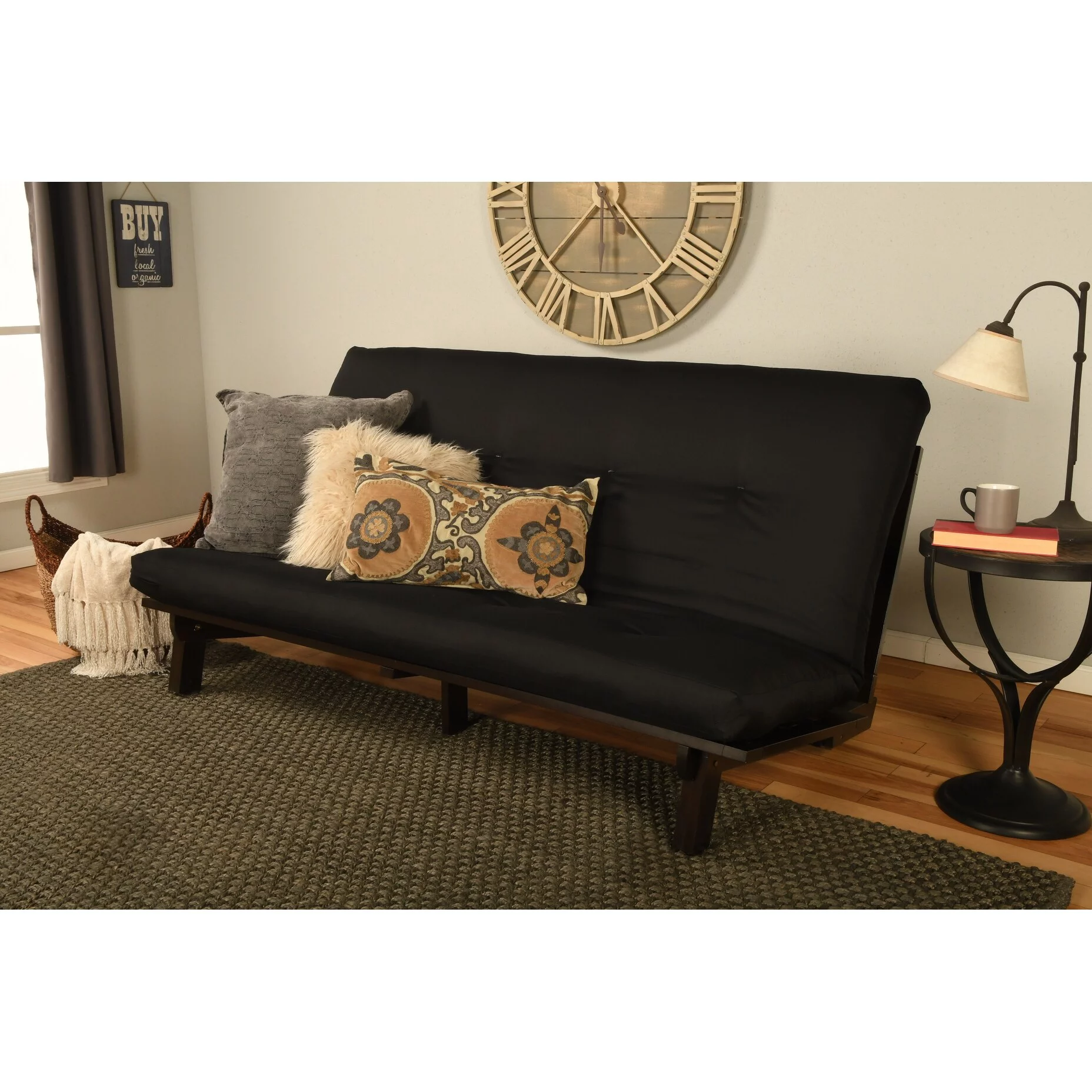 Kodiak Furniture Carson Wood Futon in Java Brown Finish w/ Twill Black Mattress