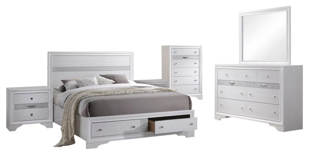 Tokyo 6 Piece Contemporary Storage Bedroom Set, King, White Wood