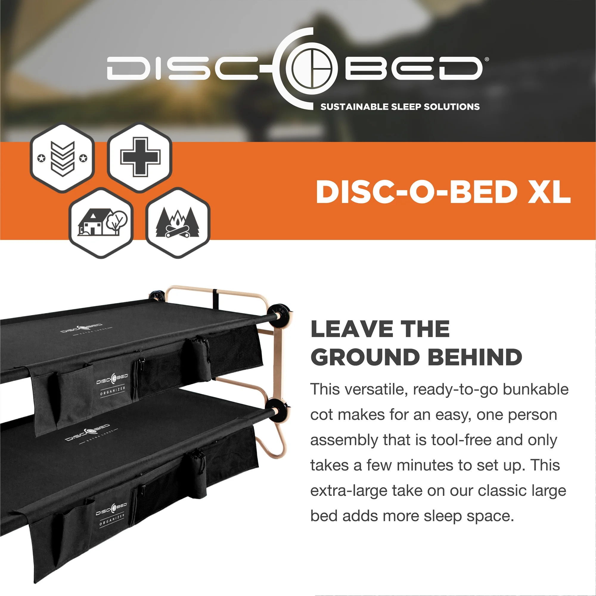 Disc-O-Bed XL Comfortable Bench & Bunk Camping Cot with Organizers, Black
