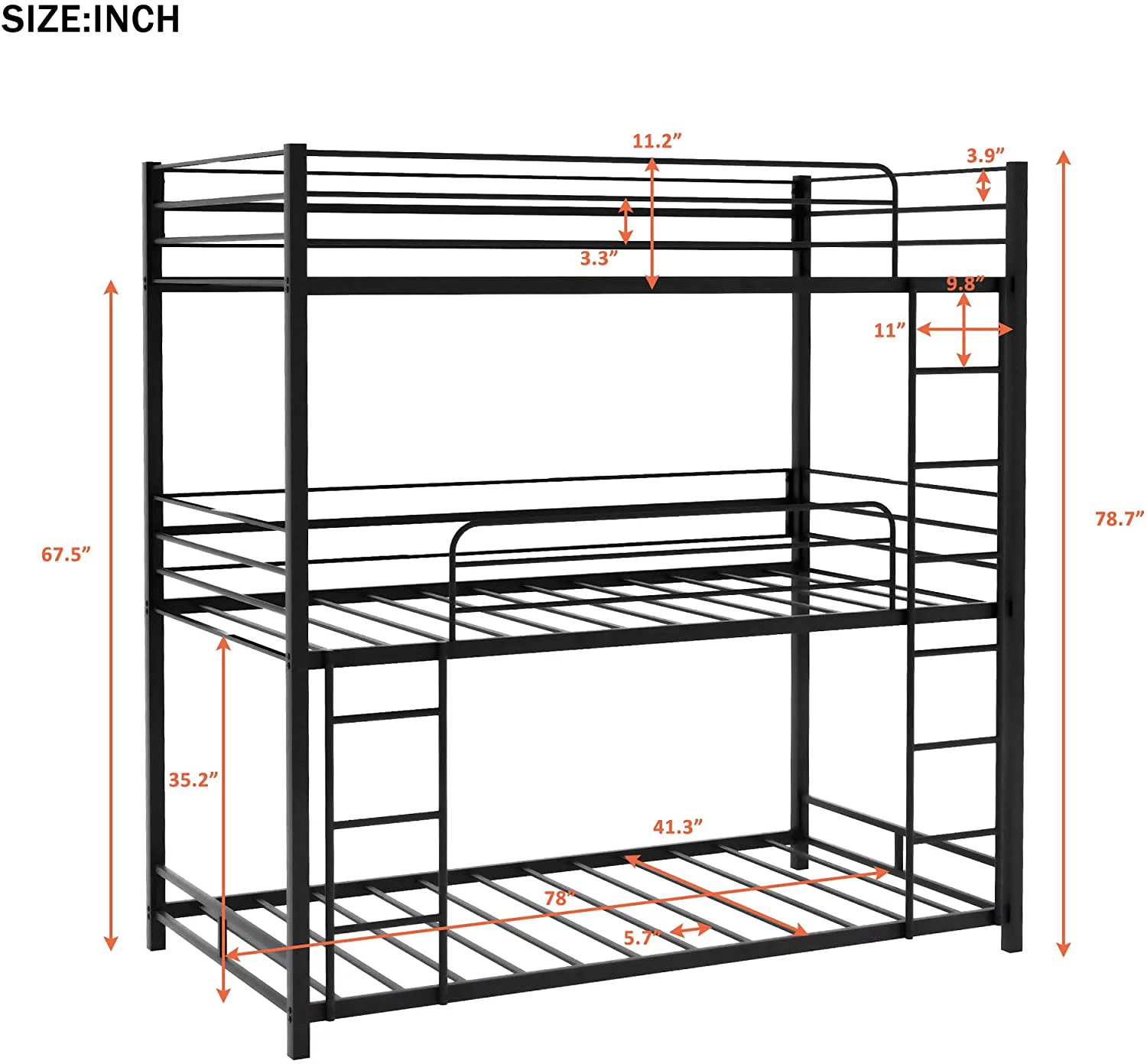 Triple Bed Metal -Over--Over- Bed Bunk Bed With 3 Ladders, Bunk Bed For Family, Teens,No Box Spring Needed
