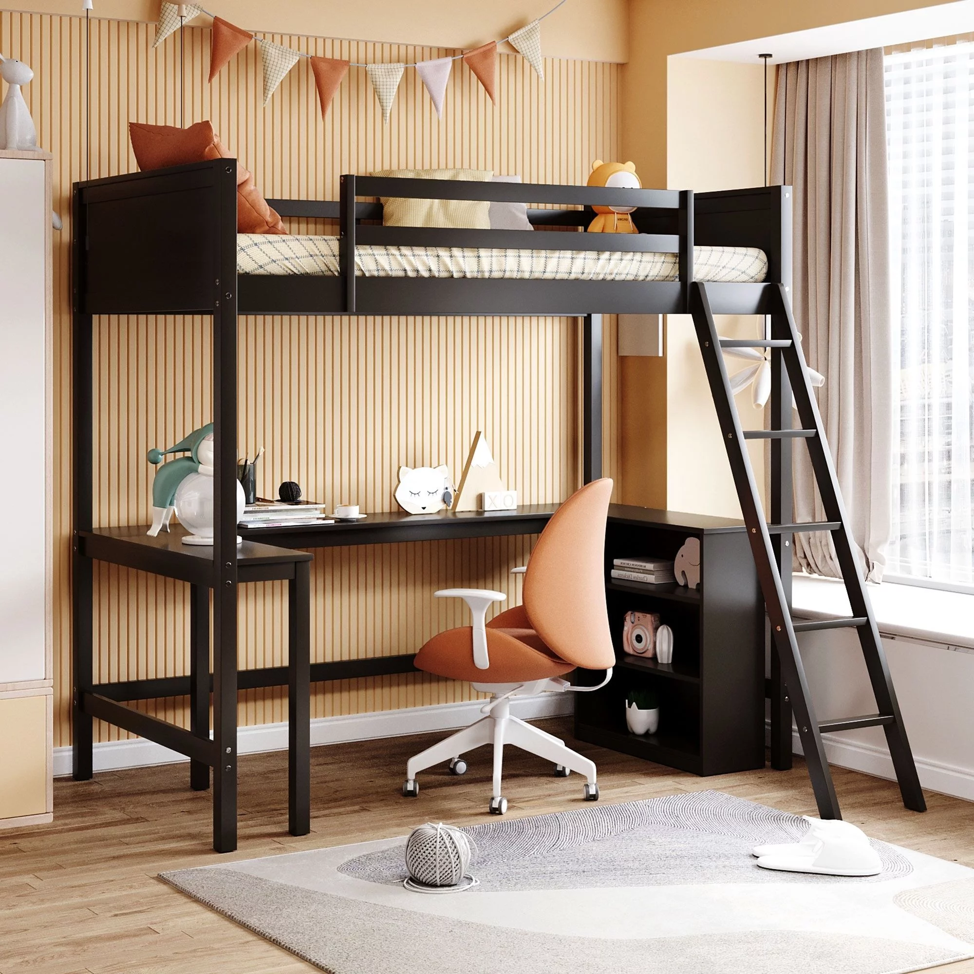 Pine Wood Twin Size Loft Bed with Shelves and Desk, Space-Saving Dorm Apartment Bedroom Loftbed Frame W/Guardrail, Ladder for Kids Adults Bedroom