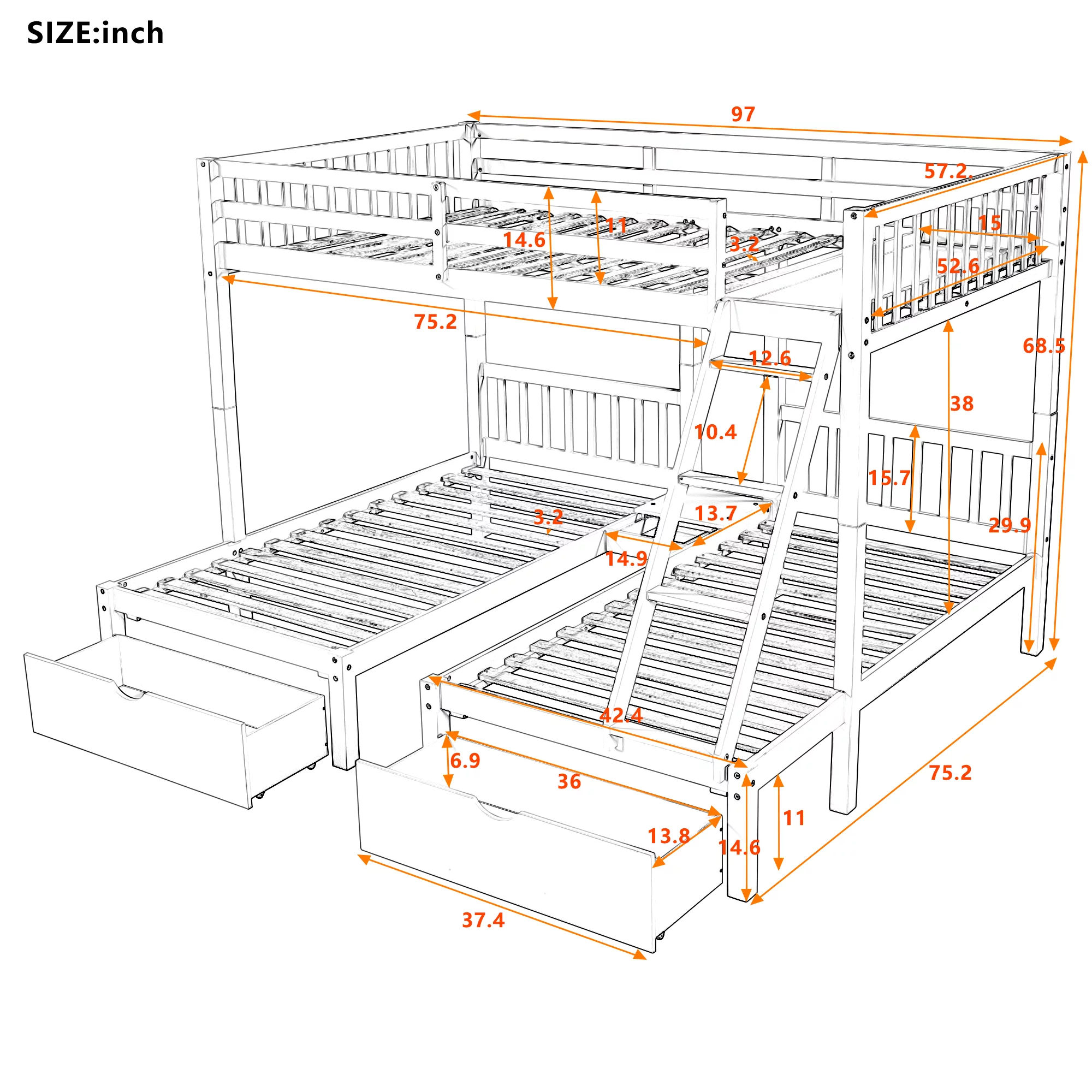 Gray Full Over Twin & Twin Bunk Bed, Wood Triple Bunk Bed with Drawers and Guardrails