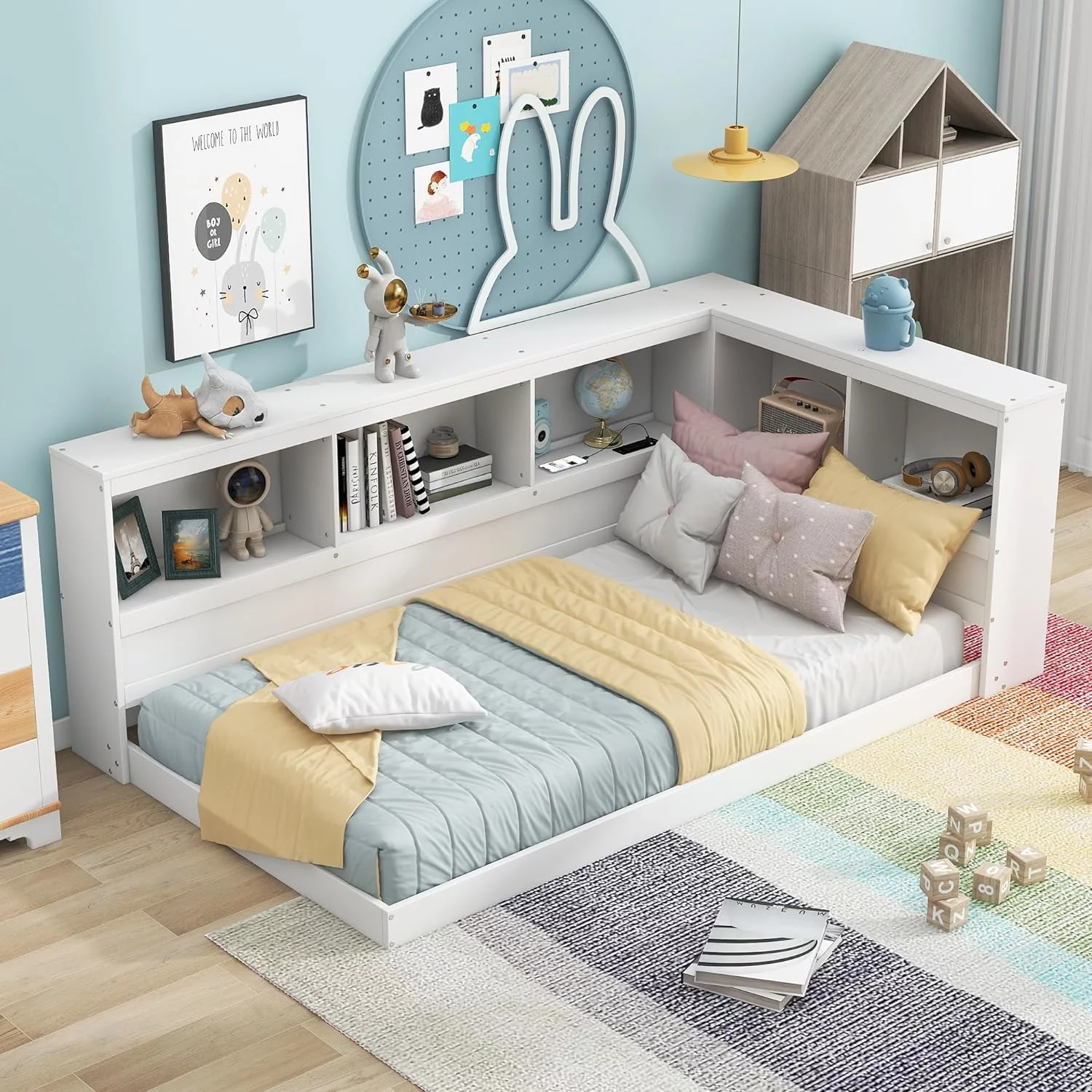 Daybed With Bookcase Headboard, Size L-Shape Daybed With USB Ports, Wood Platform Bed With Storage Headboard For Kids Teens Guests, White