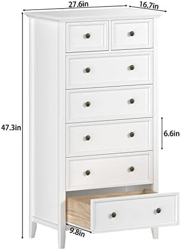 White 7 Drawer Tall Dresser Tall Solid Wood Large Cabinet Simple White Tall Chest of Drawer for Bedroom Living Room Hallway Entryway (White)