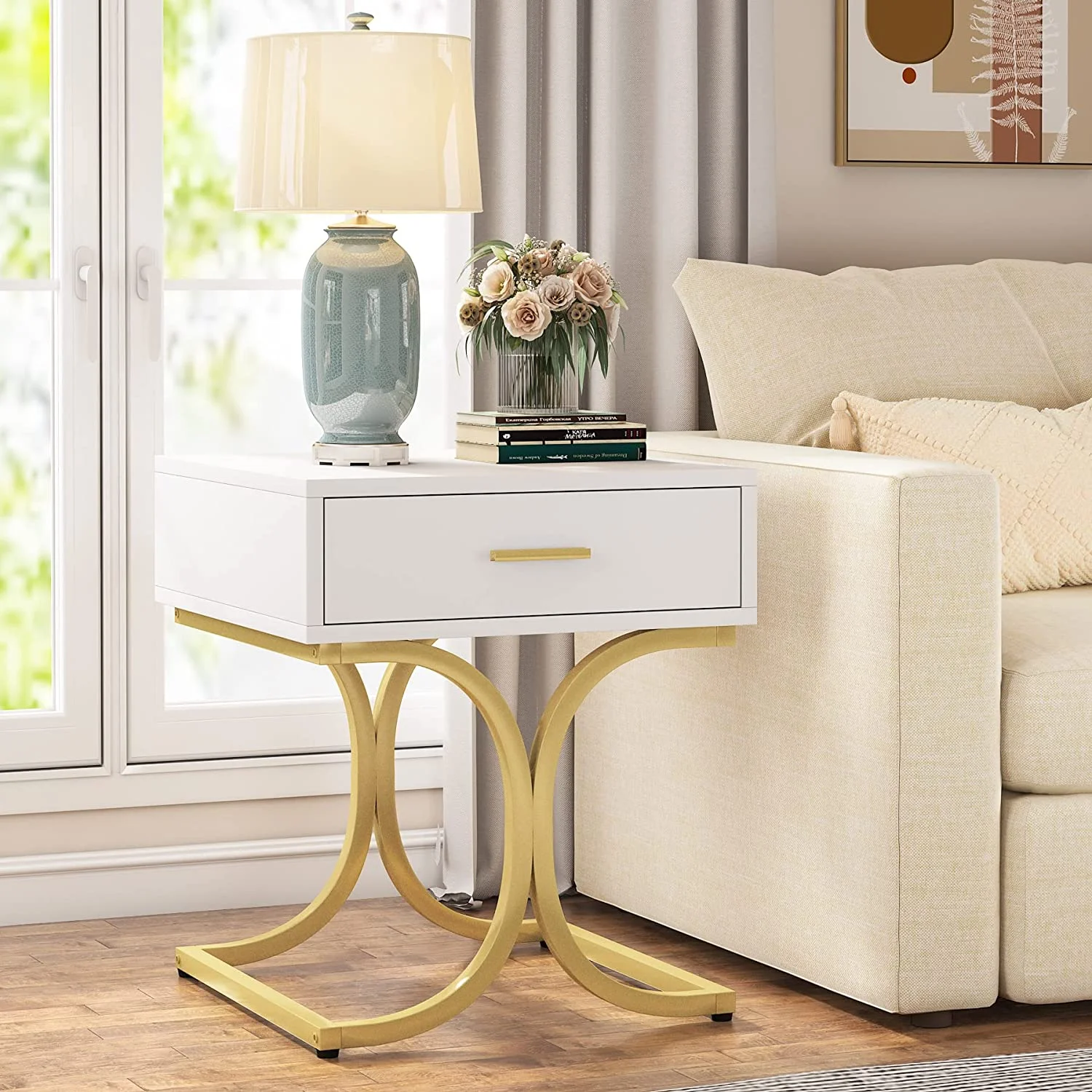 Tribesigns Nightstand, Sofa End Table with Drawer, C Shaped Bedside Table with Metal Frame for Bedroom, White & Gold