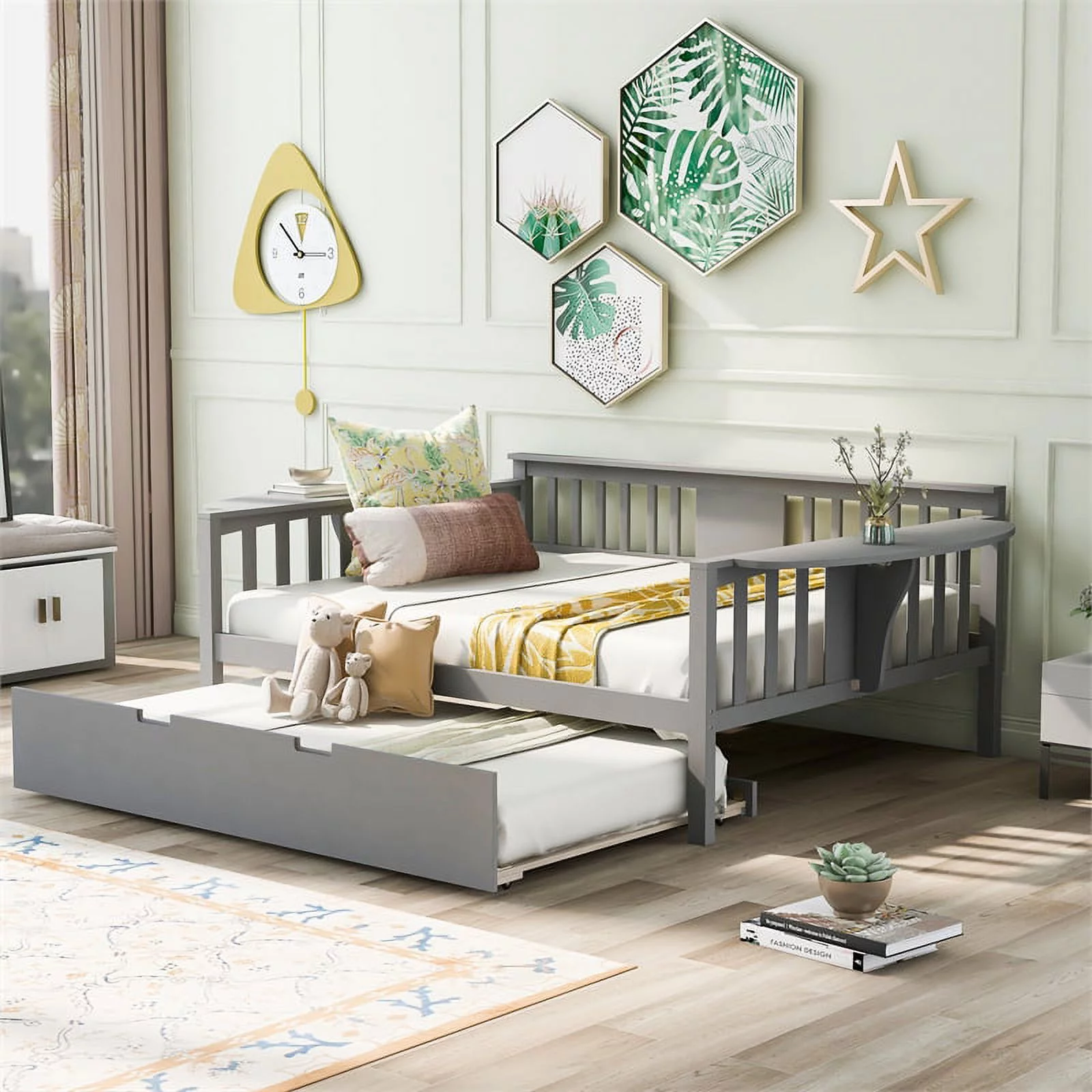 CRO Decor Full size Daybed with Twin size Trundle Wood Slat Support (Gray)