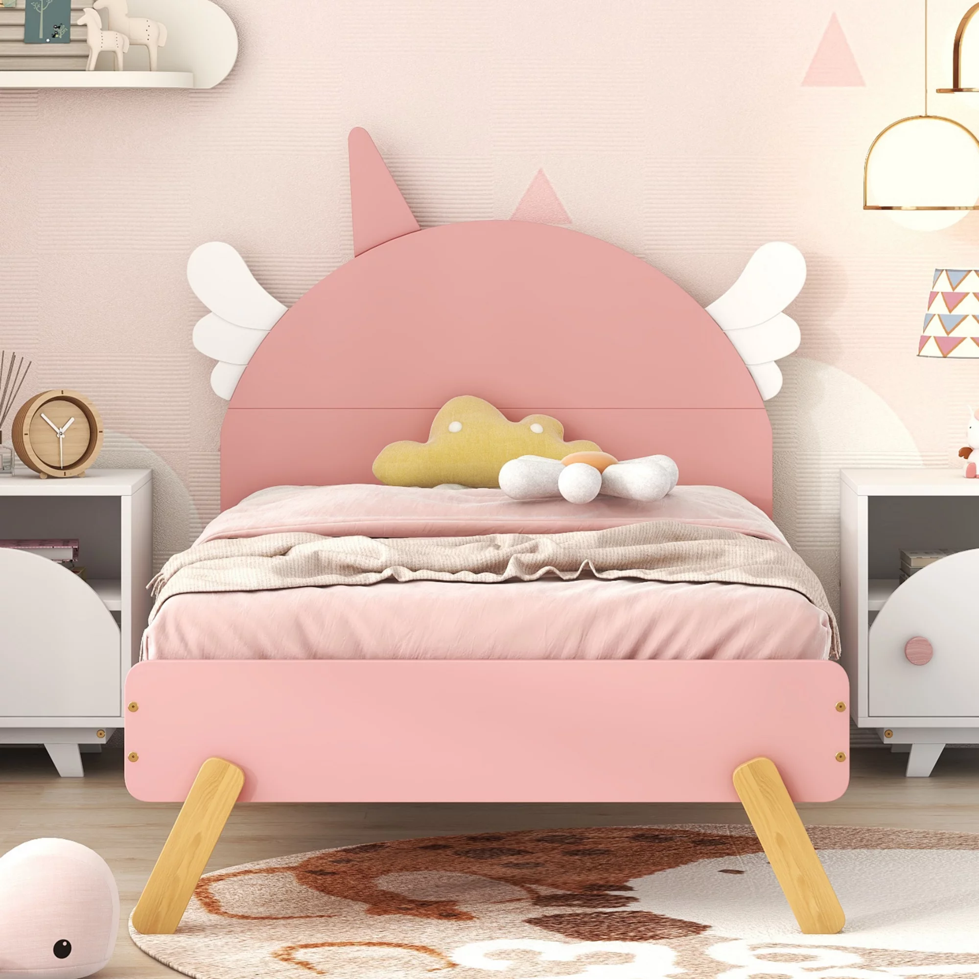 CoSoTower Wooden Cute Bed with Unicorn Shape Headboard, Twin Size Platform Bed, Pink