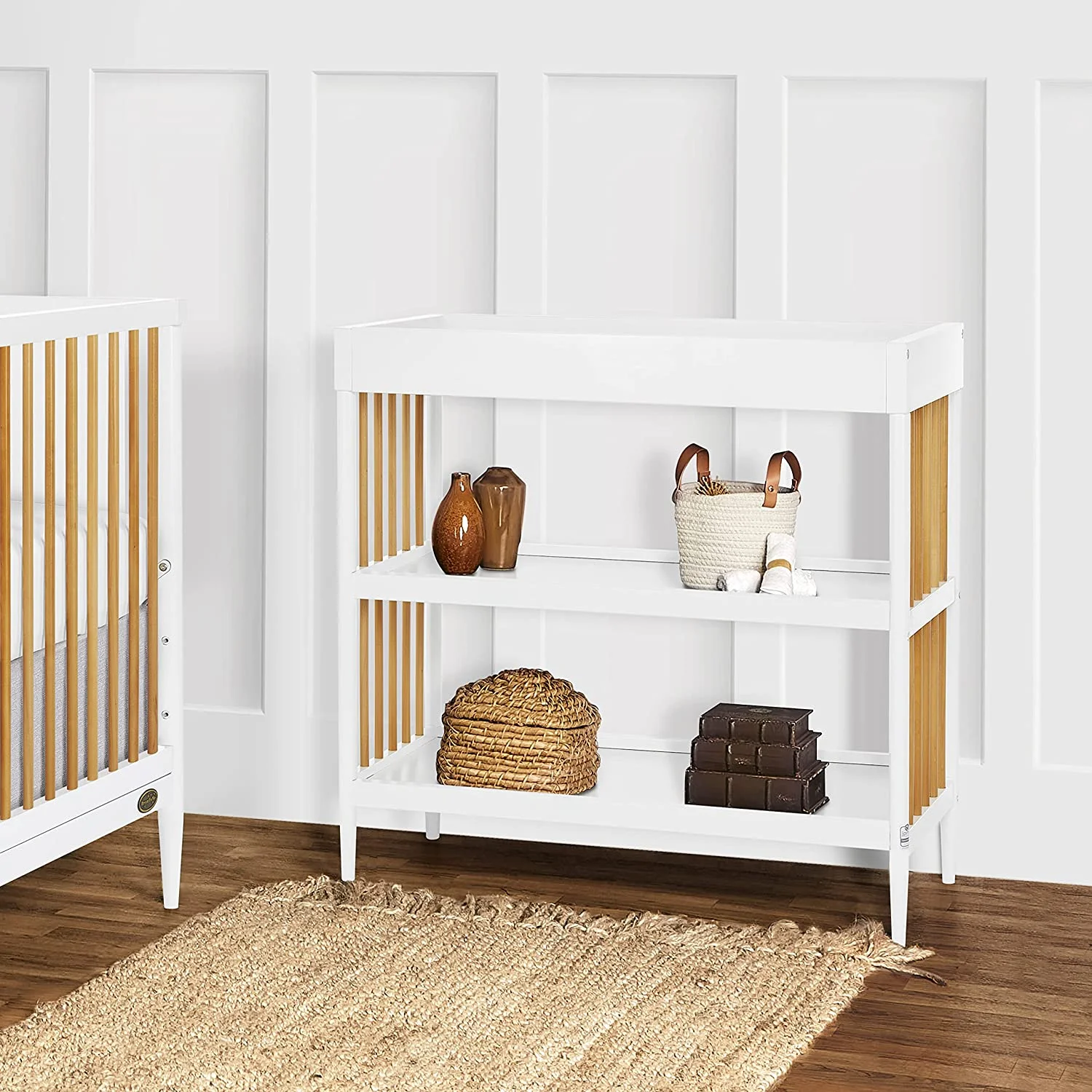 Dream On Me Sleepy Little Sloth, Moon Bear Reaching For The Stars And Clover Changing Table I Rounded Spindles I Mid- Century Meets Modern I Free Changing Pad Included Natural And White