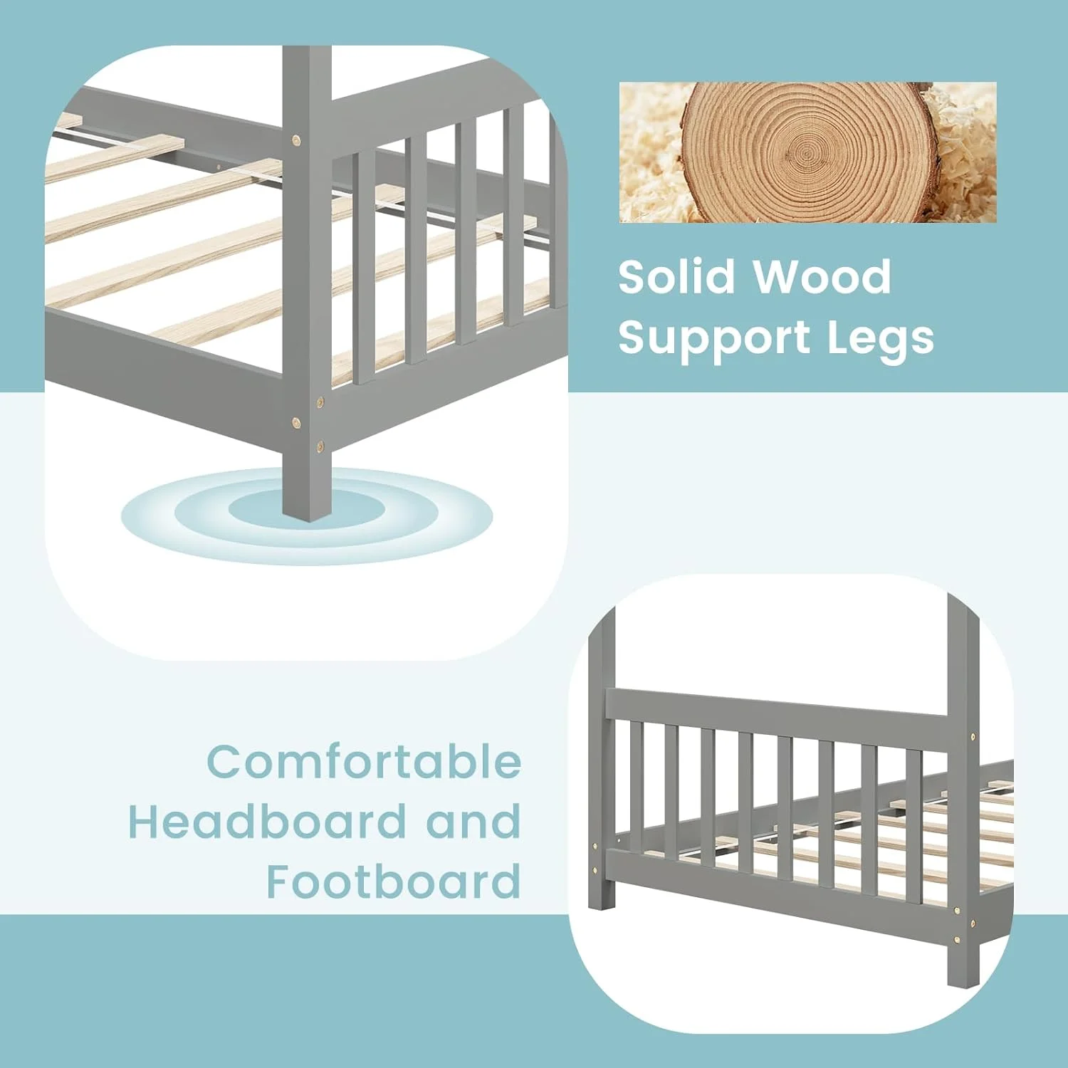 House Bed Twin, Solid Wood Kids House Bed with Roof, Headboard and Footboard, Low Floor Twin Bed Frame for Toddlers Teens Girls Boys, No Box Spring Needed, Grey