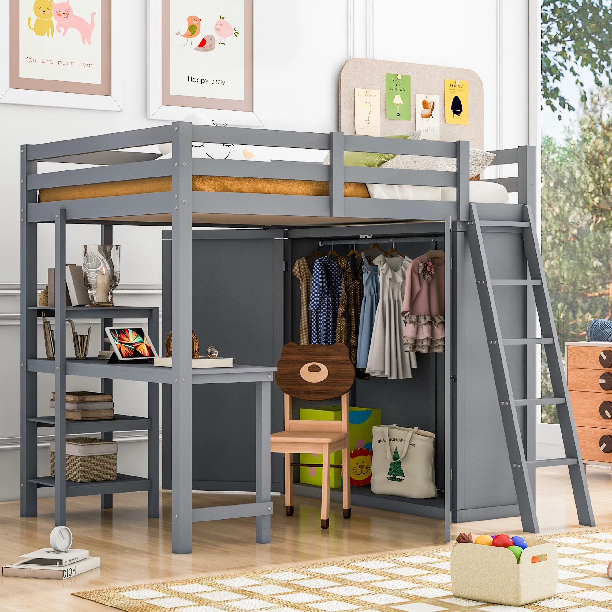 Versatility Galore Loft Bed with Wardrobe and Desk, Wooden Loft Bed Frame with Ladder and Safety Guardrail for Kids Teens Adults,Bedroom