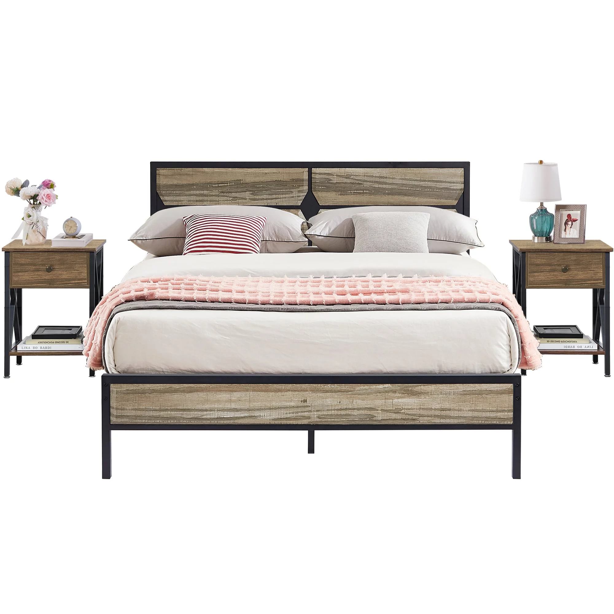 VECELO 3-Piece Bedroom Sets, Full Size Wooden Platform Bed with 2 Nightstands, No Box Spring Needed, Slate