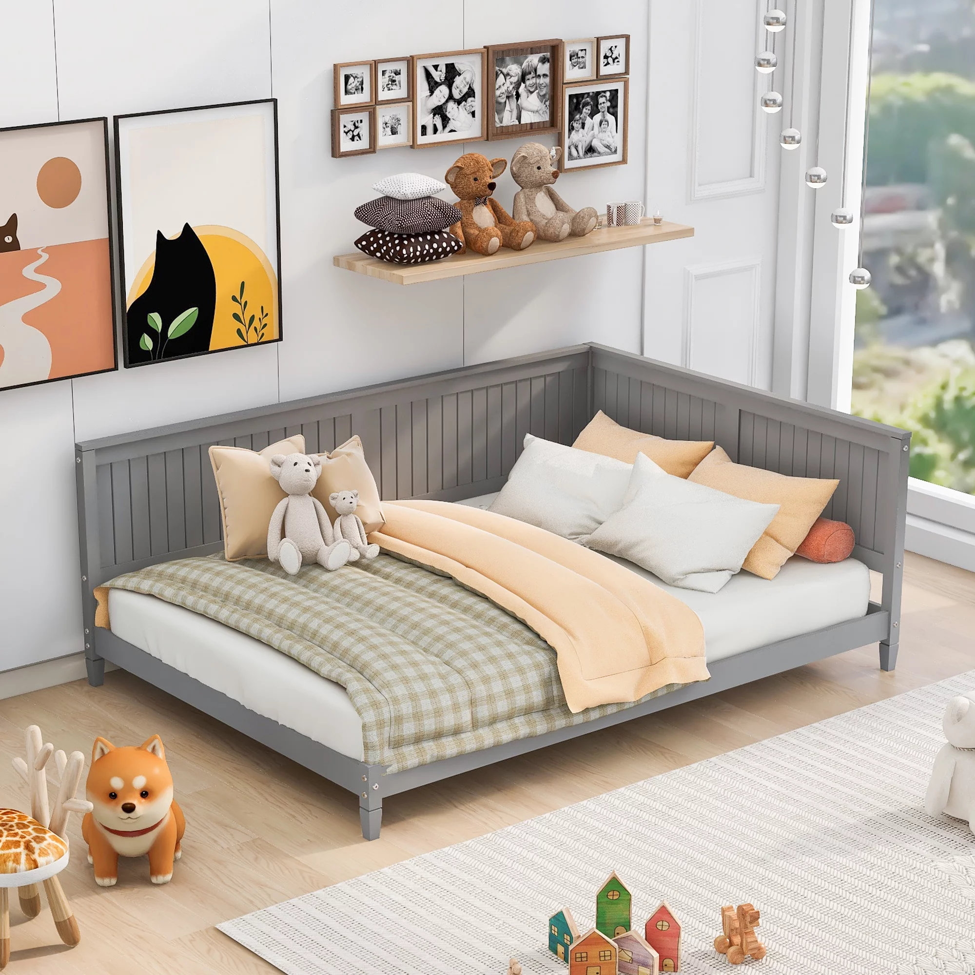 Bellemave Wood Full Size Daybed Frame, Low Full Bed with Headboard and Sideboard, Minimalist Floor Sofa Bed Frame for Kids Room Bedroom Living Room (Gray)