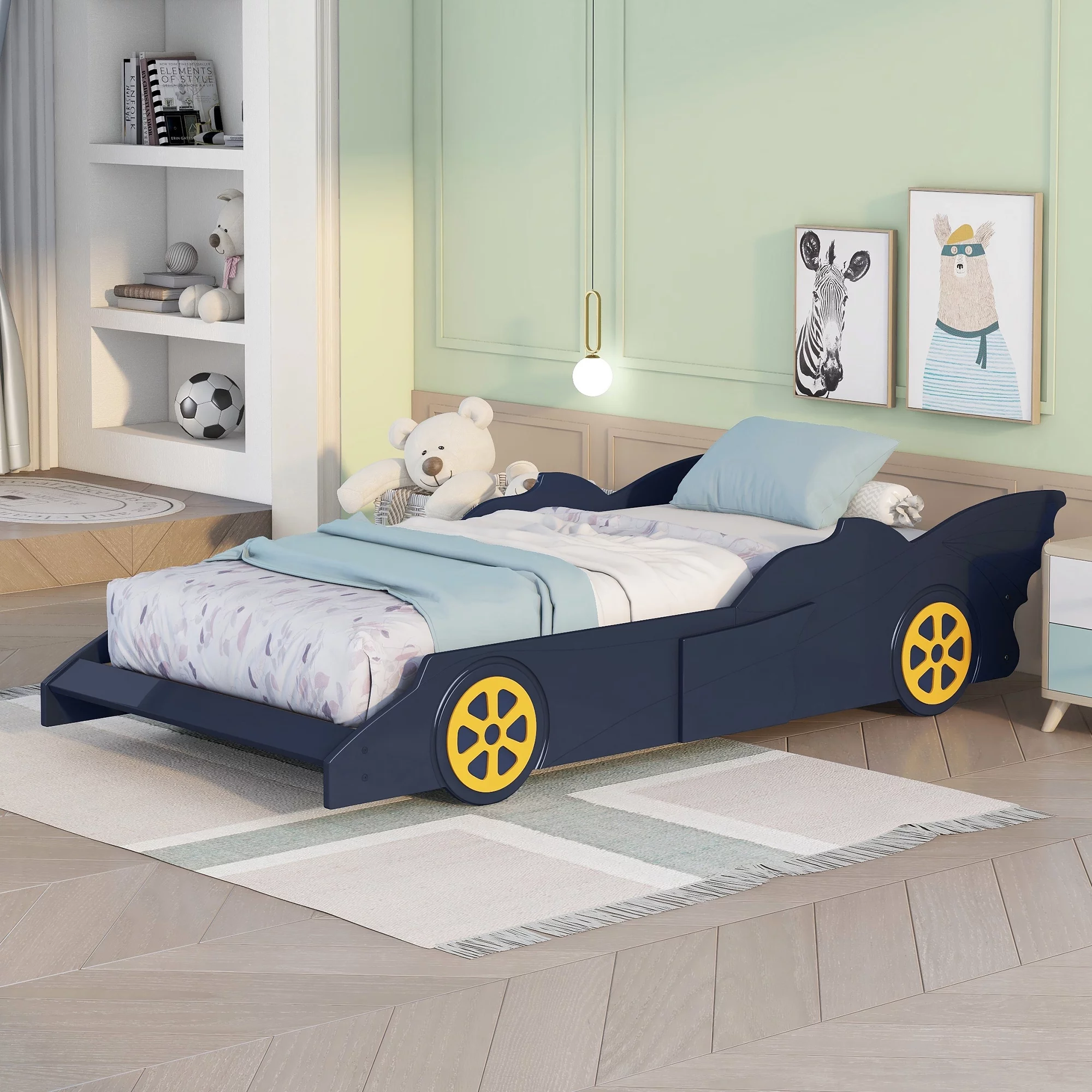 Euroco Wood Race Car-Shaped Twin Size Platform Bed for Kids’ Bedroom, Blue & Yellow