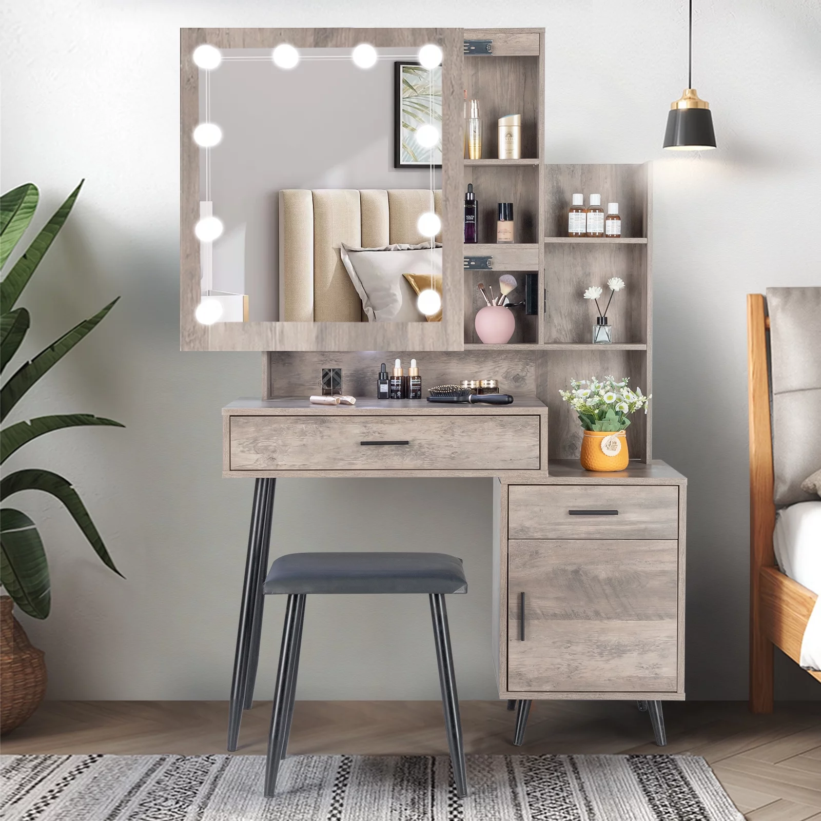 Ktaxon Lighted Vanity Table Set with USB Charging Station, Makeup Dressing Table with Sliding Mirror, Bedroom Vanities Set
