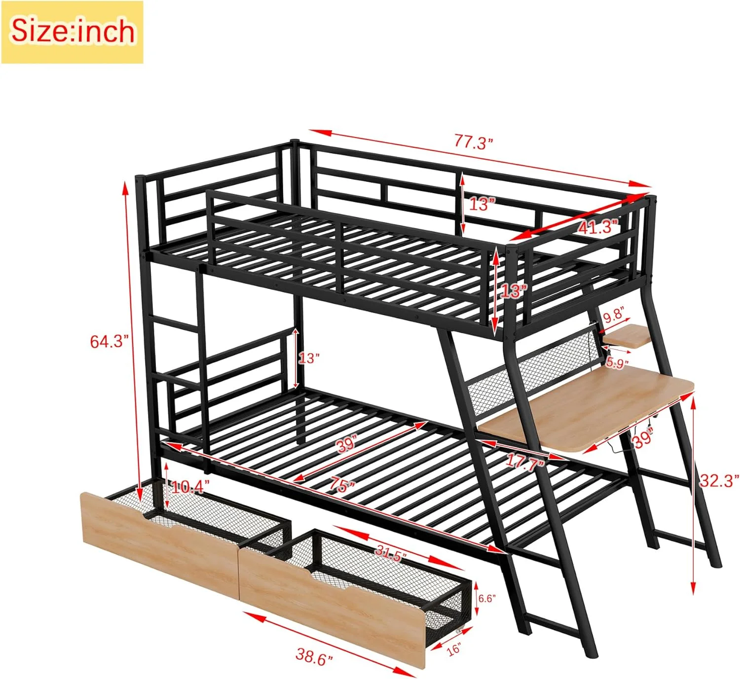Over Metal Bunk Bed With Built-In Desk, Modern Style Heavy-Duty Steel Frame Bunk Bed With Light And 2 Drawers, Safety Rail And Built-In Ladder For Bedroom, Dorm (Black)