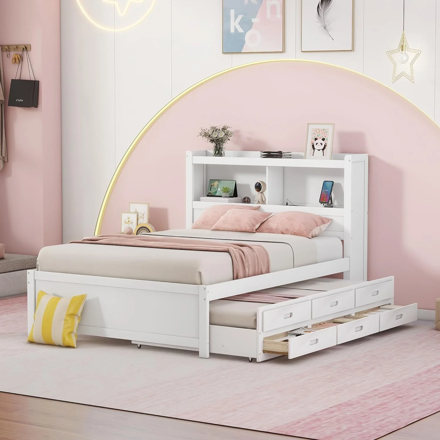Full Size Bed With Bookcase Headboard, Wooden Full Size Platform Bed With Trundle And Storage Drawers,Full Storage Bed With USB Ports Outlets For Kids Girls Boys, White