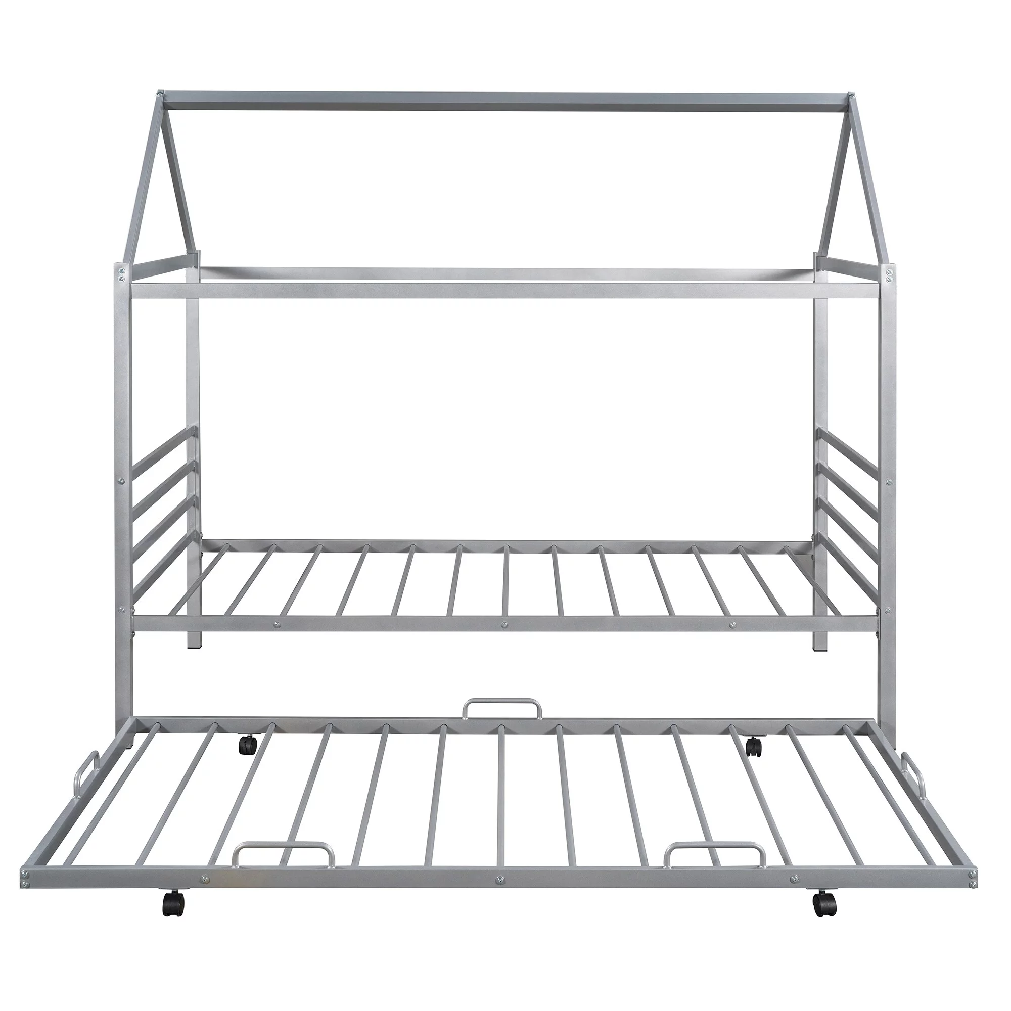 Nestfair  Twin Size Metal House Shape Platform Bed with Trundle Silver