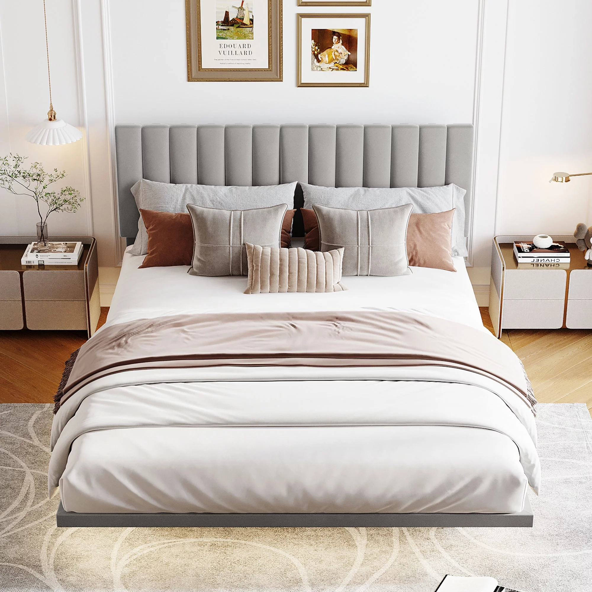 CoSoTower Queen Size Upholstered Bed with Sensor Light and Headboard, Floating Velvet Platform Bed, Gray