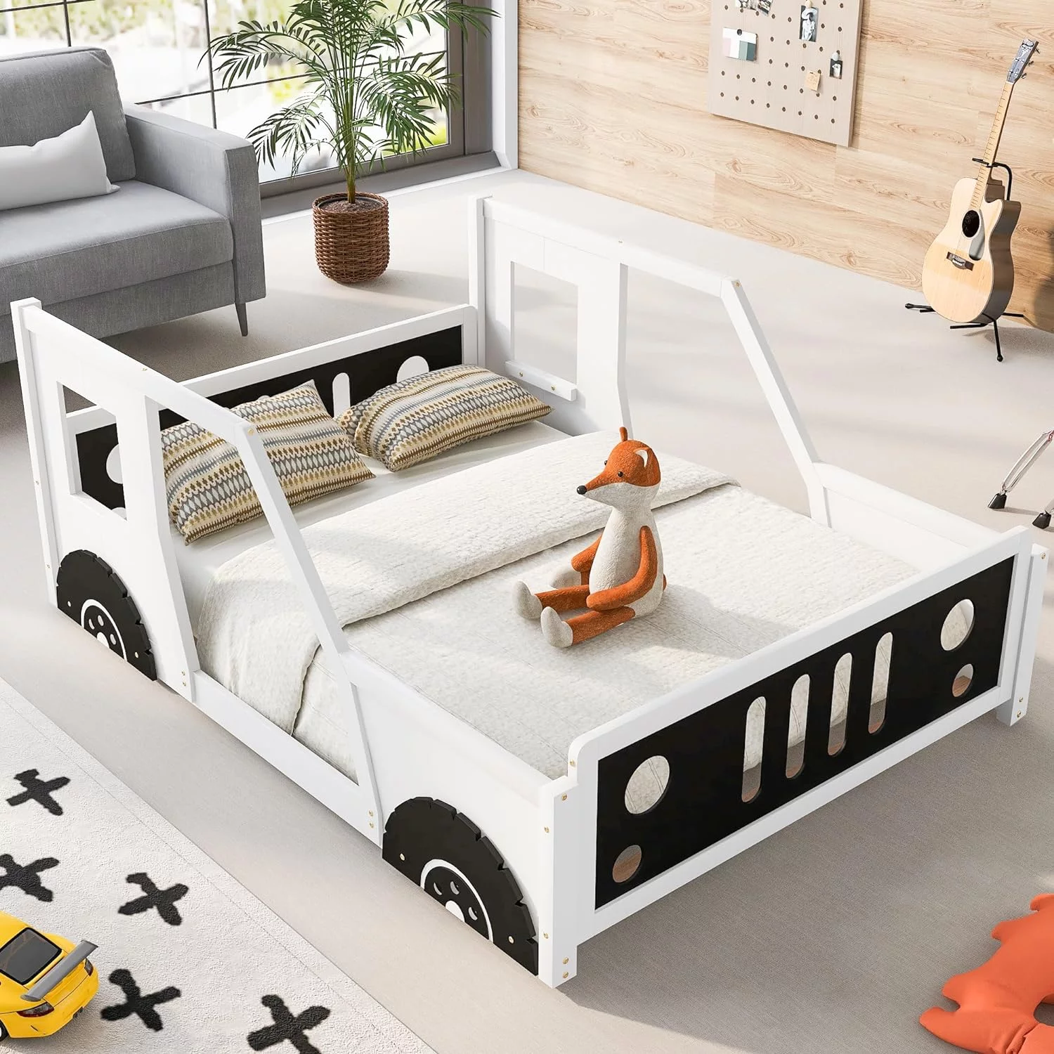Car Bed Full Size Montessori Floor Bed Frame With Fence And Door, Solid Wood Full Platform Bed For Kids Boys Girls, No Box Spring Needed (White)
