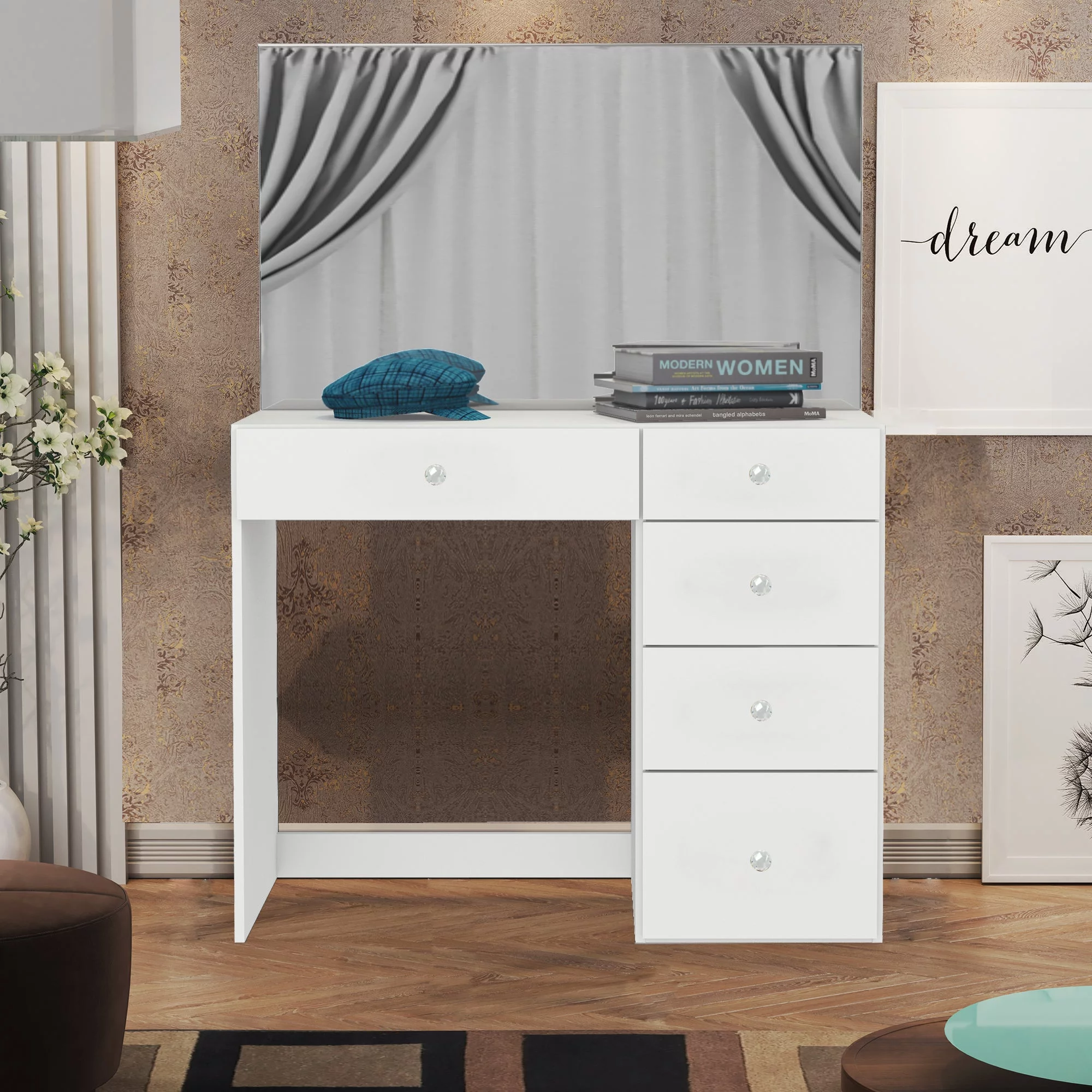 Boahaus Kira PRO Modern Makeup Vanity, 5 Drawers, Mirror, Crystal Ball Knobs, White, for Bedroom
