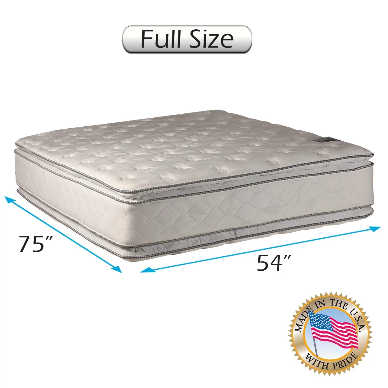 Dream Sleep Hollywood Gentle Plush Full PillowTop Two-Sided Mattress Only with Bed Frame Included - Quilted Fabric, Orthopedic, Sleep System Support, Longlasting by Dream Solutions USA