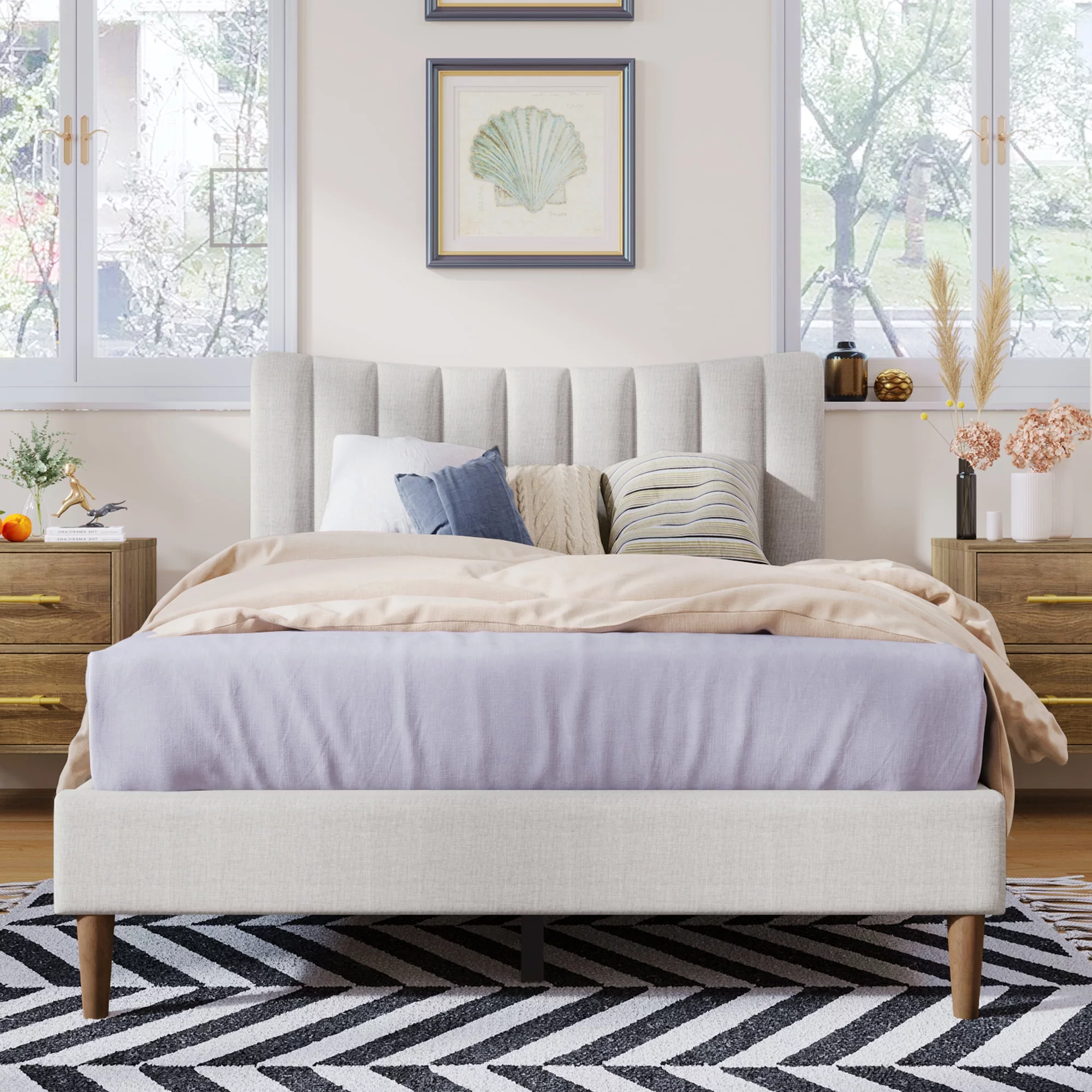 CoSoTower Upholstered Platform Bed Frame with Vertical Channel Tufted Headboard, No Box Spring Needed, Full, Cream