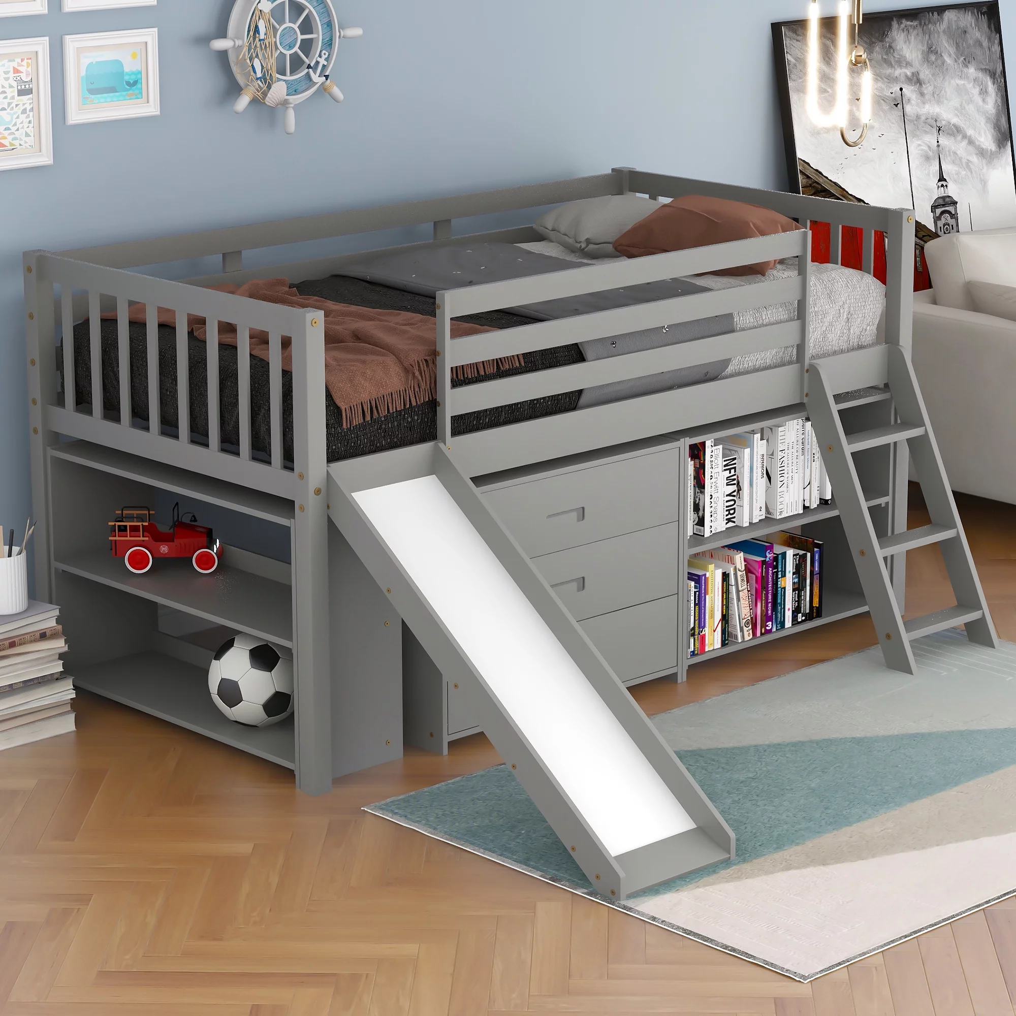 Low Study Twin Loft Bed with Attached Bookcases and Separate 3-tier Drawers, Convertible Ladder and Slide for Kids Girls Boys