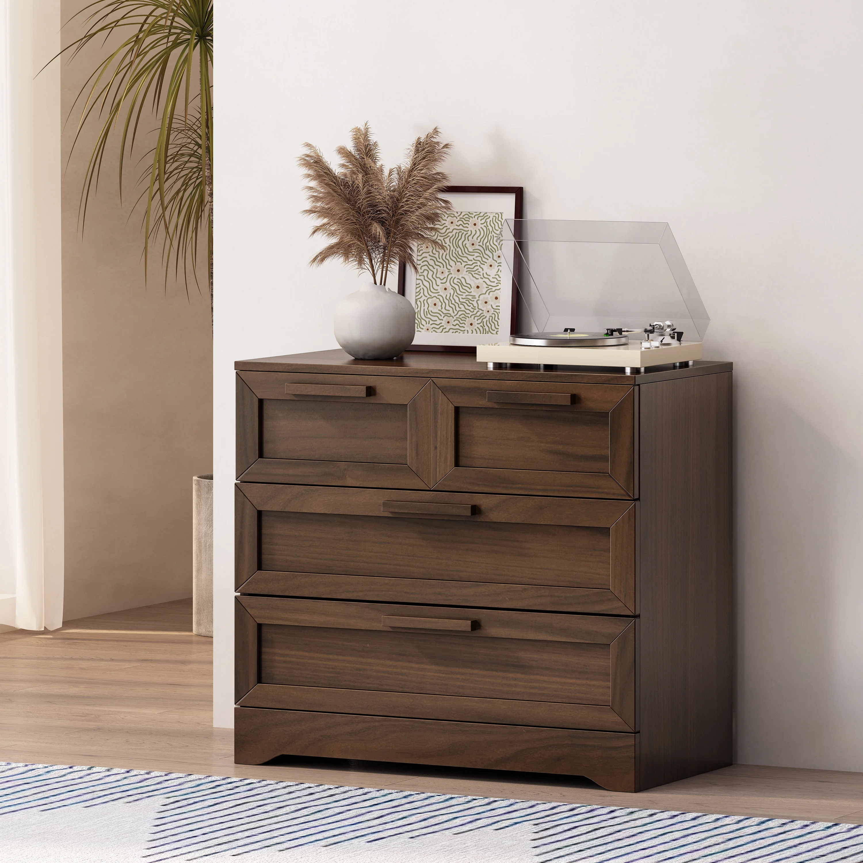 GDF Studio Broxon Rustic Wide 4 Drawer Dresser, Walnut