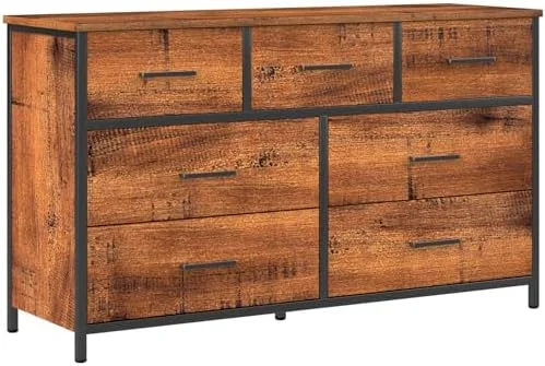 7 Drawer Wood Dresser Industrial Chests of Drawers with Sturdy Steel Frame Accent Wood Dresser for Bedroom