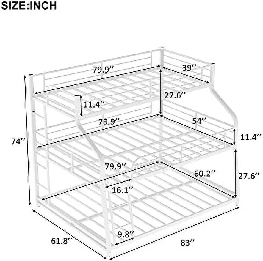 NLIBOOMLife Metal Triple Bunk Beds Twin XL/Full XL/Queen  Made of Heavy Duty Steel with Long and Short Ladder and Full-Length Guardrails for Boys  Girls  Teens (White)