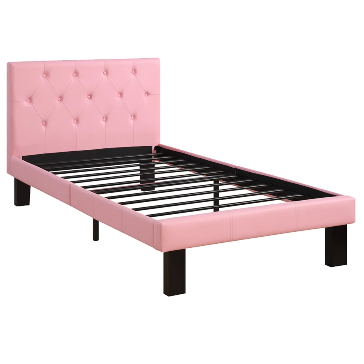 Faux Leather Upholstered Full size Bed With tufted Headboard Pink- Saltoro Sherpi