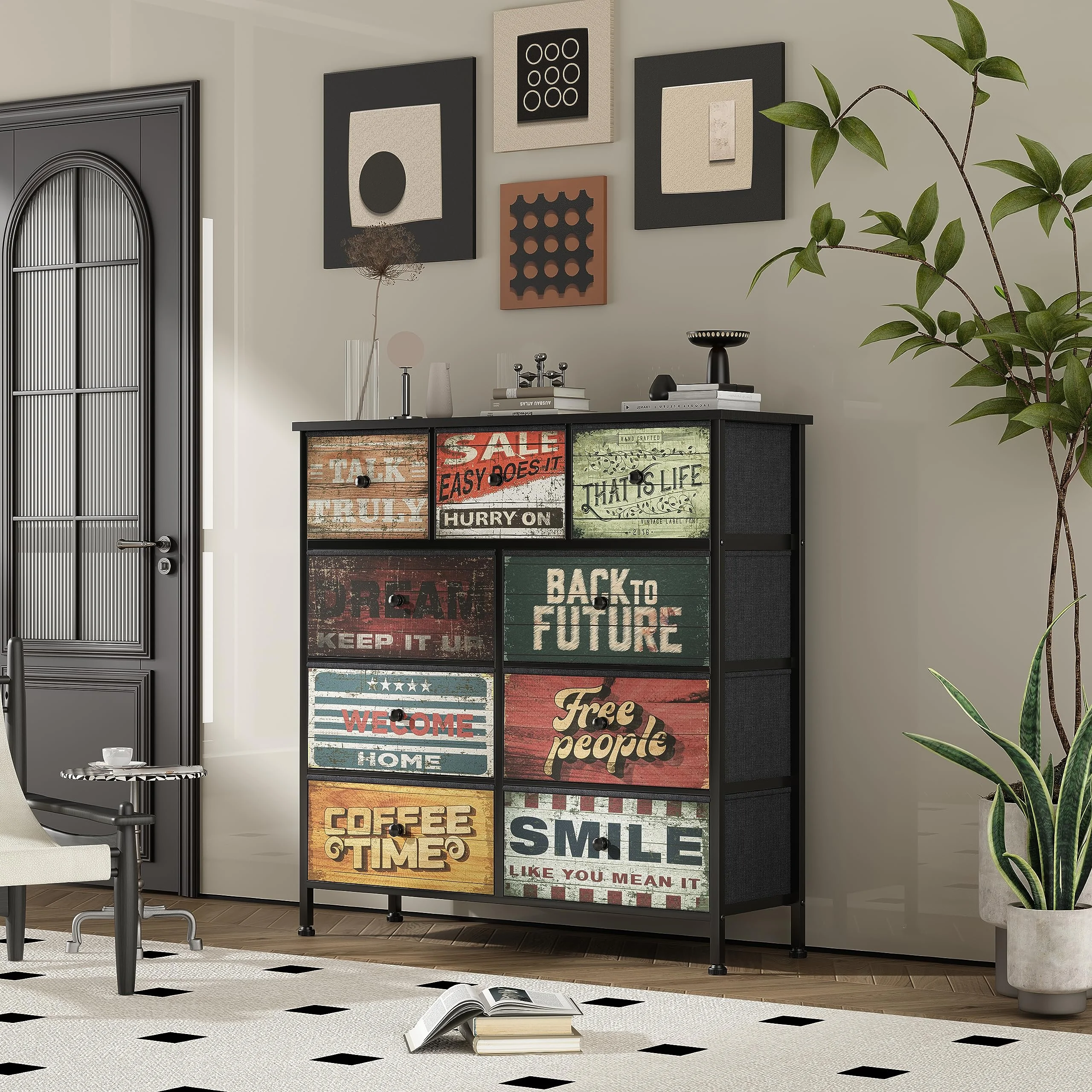 EnHomee 9 Drawer Bedroom Dresser,Bedroom Furniture Tall Dressers & Chests for Drawers for Bedroom Printed Dresser with Unique Vintage looking Fabric Dresser Retro