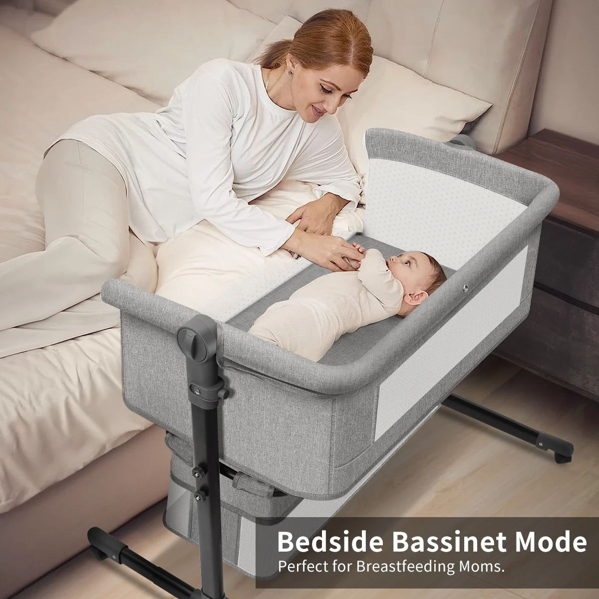 Baby Bassinet,Adjustable Baby Bassinet Bedside Sleeper with Changing Stantion,Bed Side Crib for 0-6 Months Old,Light Gray