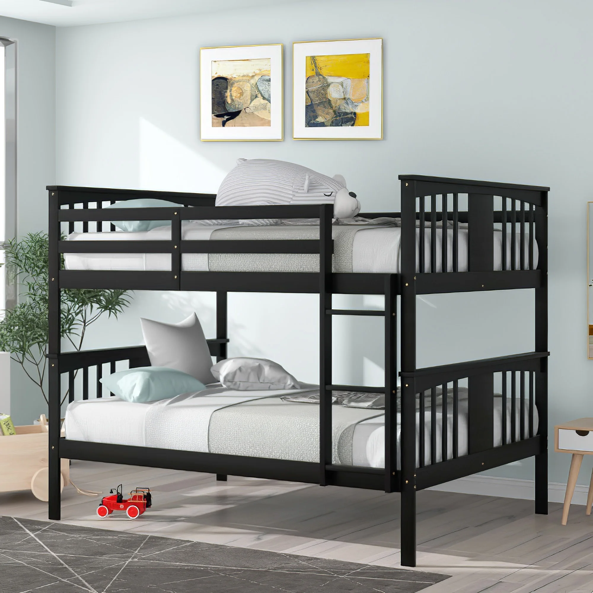 Momspeace Full over Full Bunk Bed with Ladder for Kids Adults Bedroom Solid Wood Furniture, Black